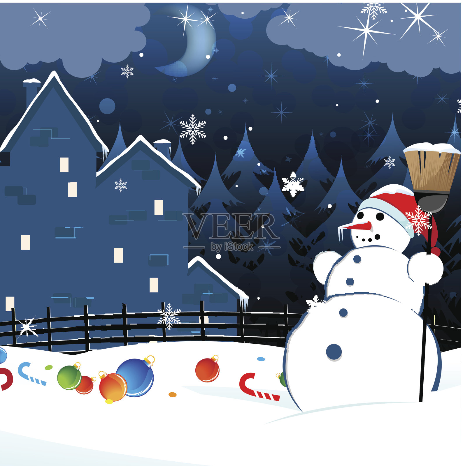 雪人和散落的圣诞装饰品插画图片素材