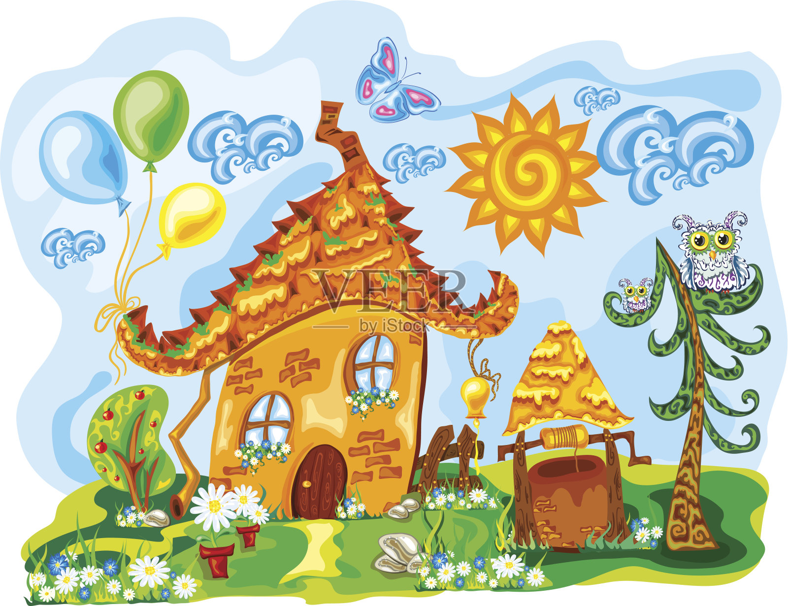 童话小屋在明亮可爱的梦幻世界里插画图片素材