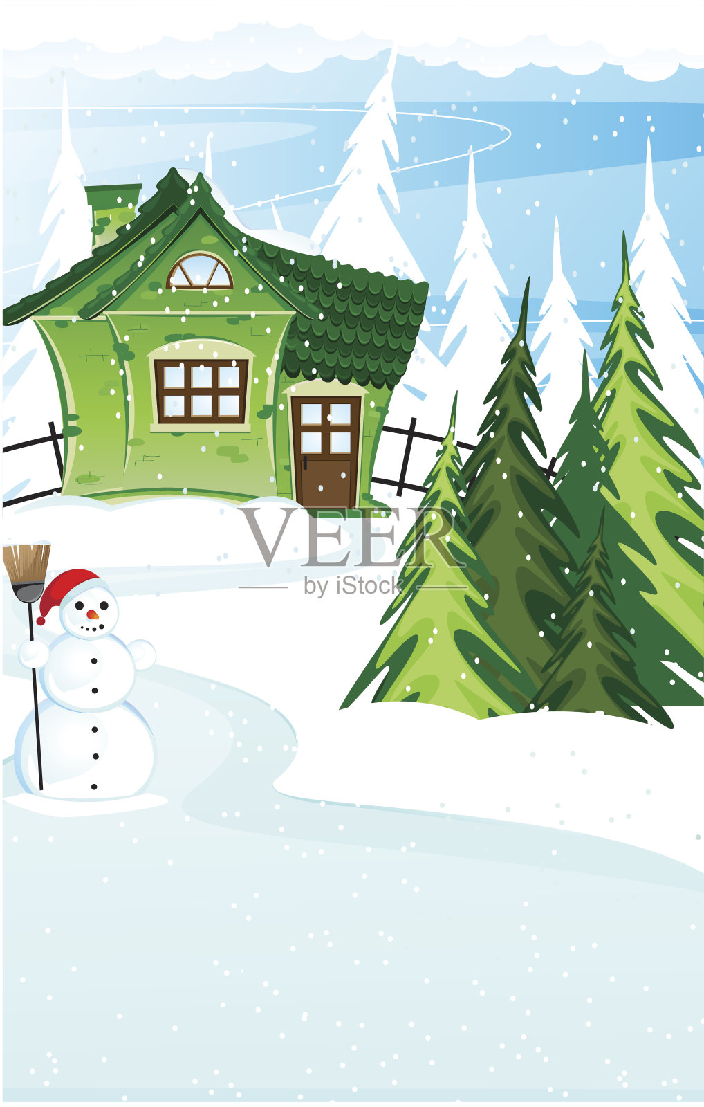 砖房和雪人戴着圣诞帽插画图片素材