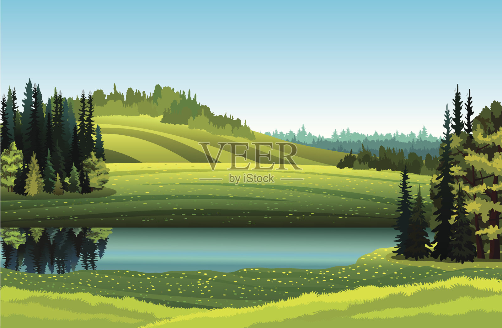 夏季景观有湖泊和森林插画图片素材