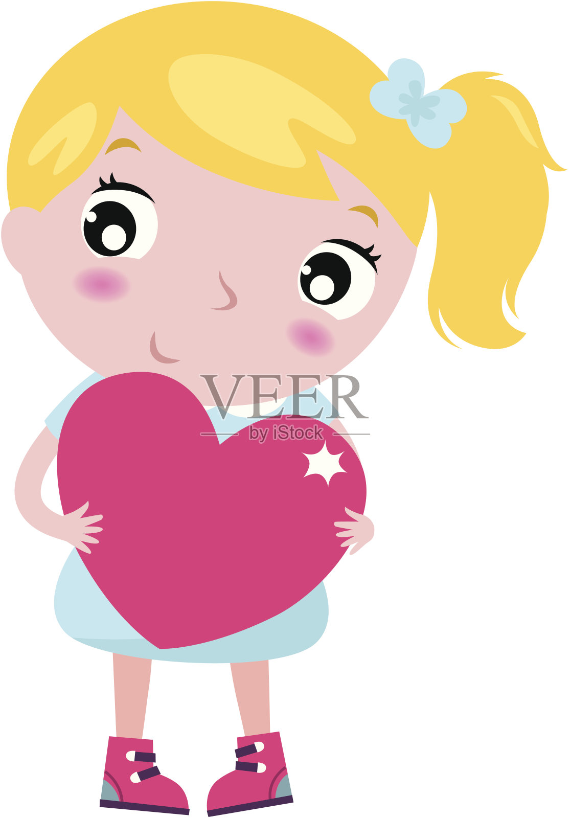 可爱的金发小女孩粉红色的心孤立在白色插画图片素材