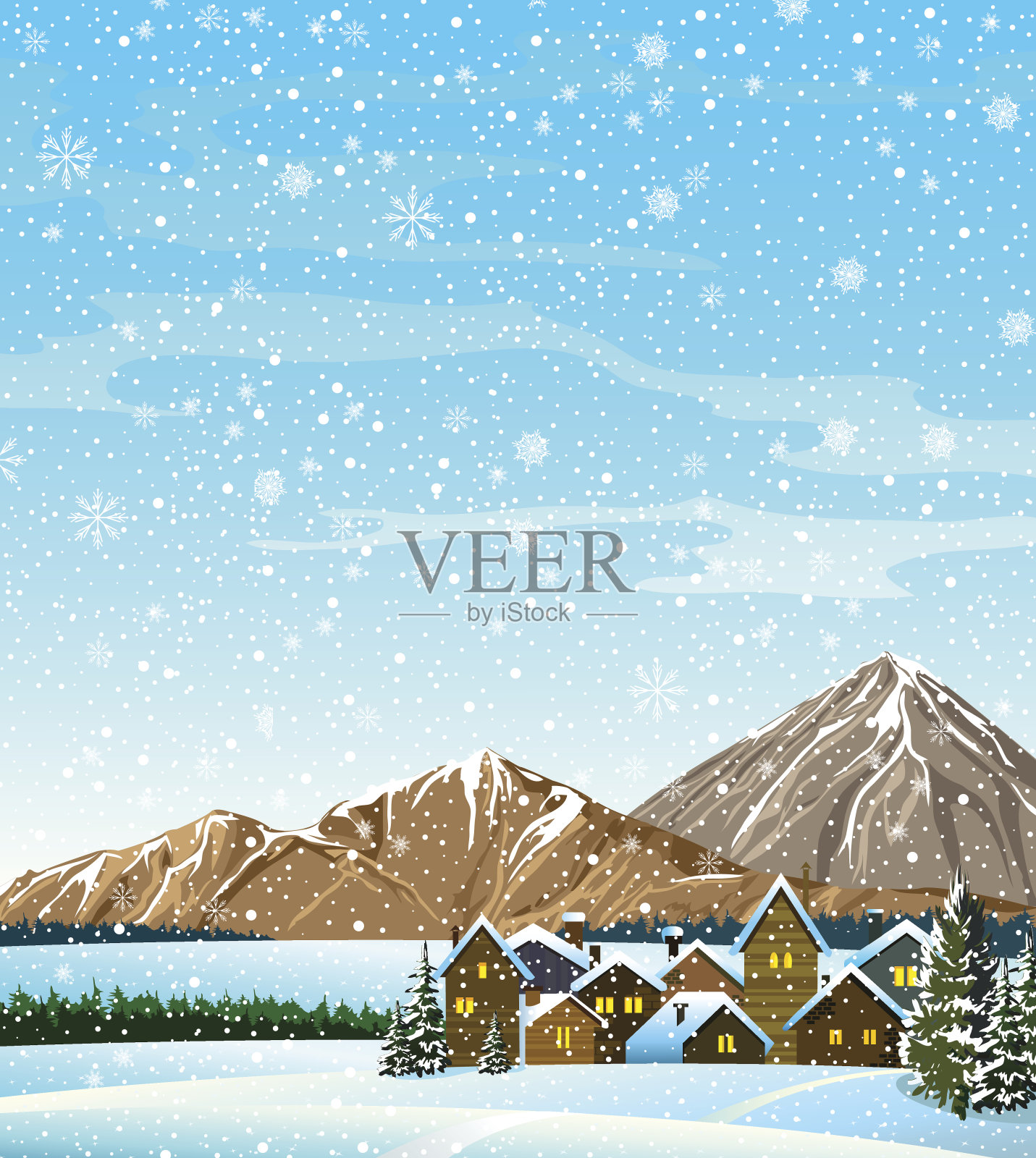 有房子和山脉的冬季景观插画图片素材