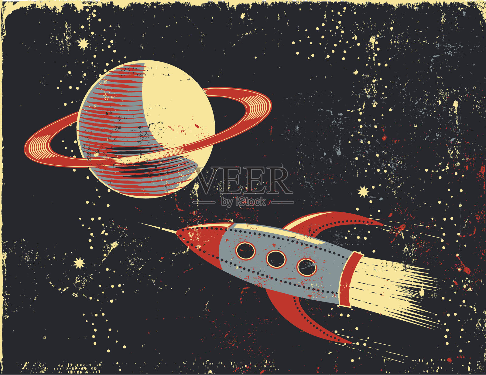 复古卡通土星和火箭插画图片素材