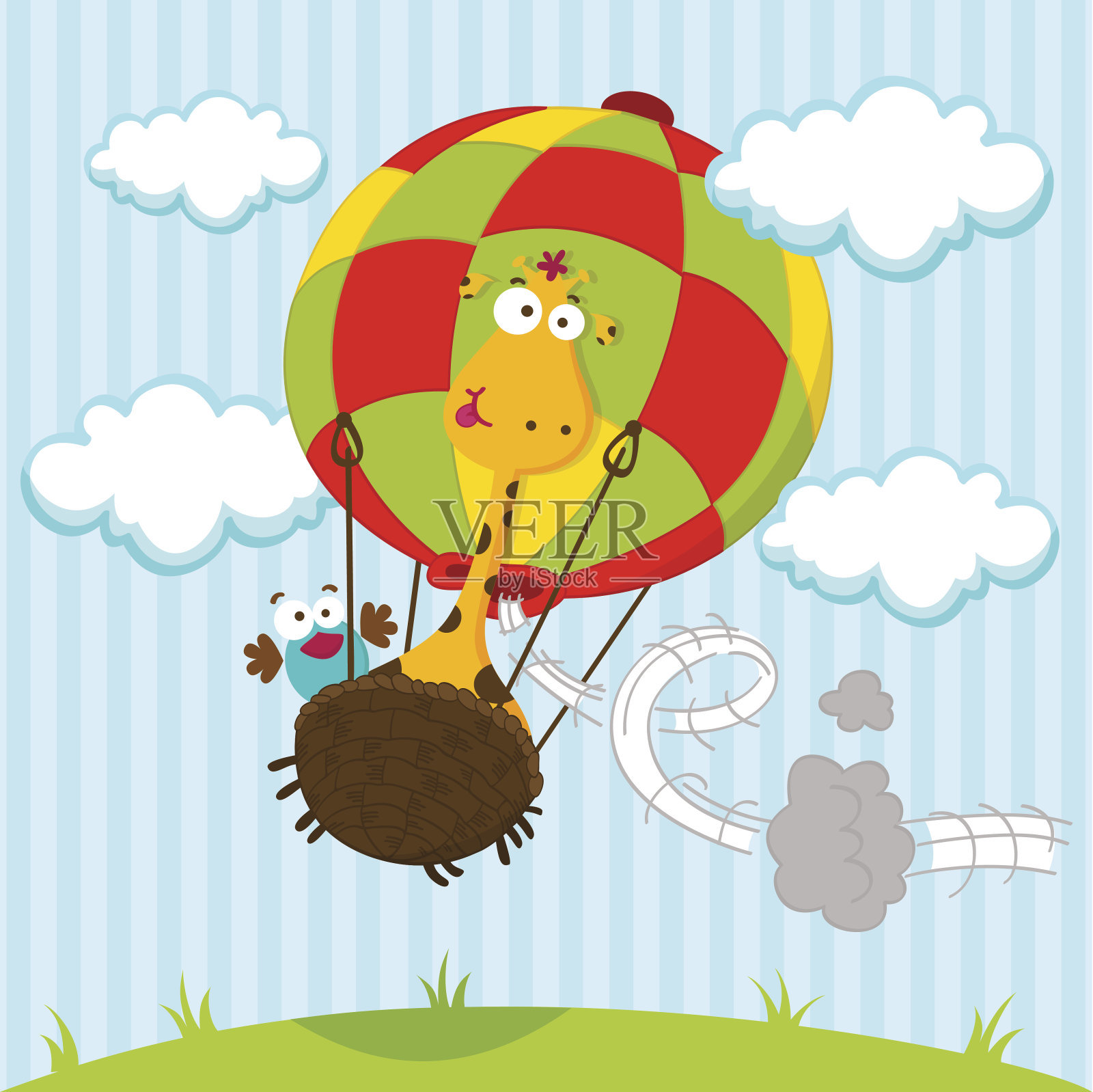 长颈鹿和气球里的鸟插画图片素材