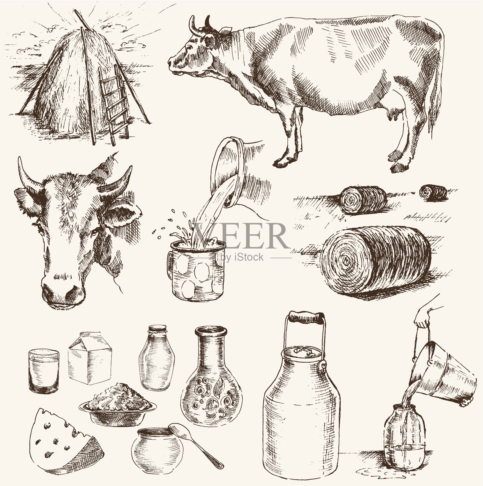 奶牛及奶制品插画图片素材