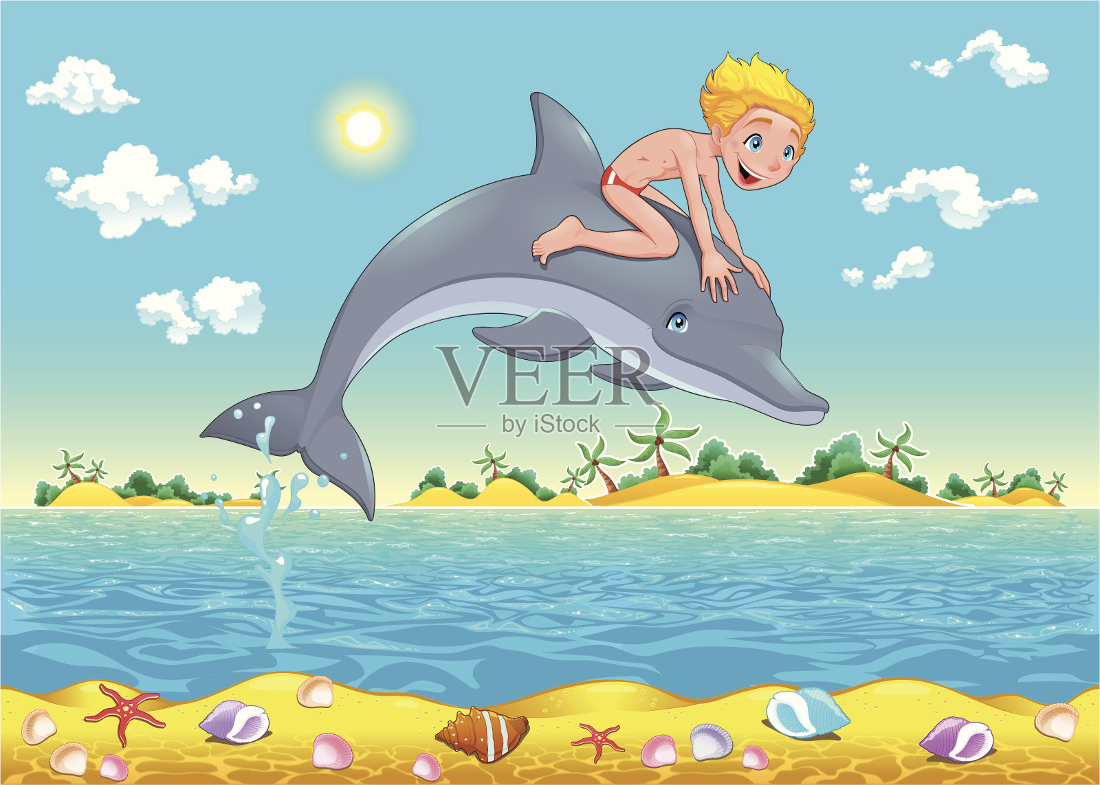 男孩和海豚在海里。设计元素图片