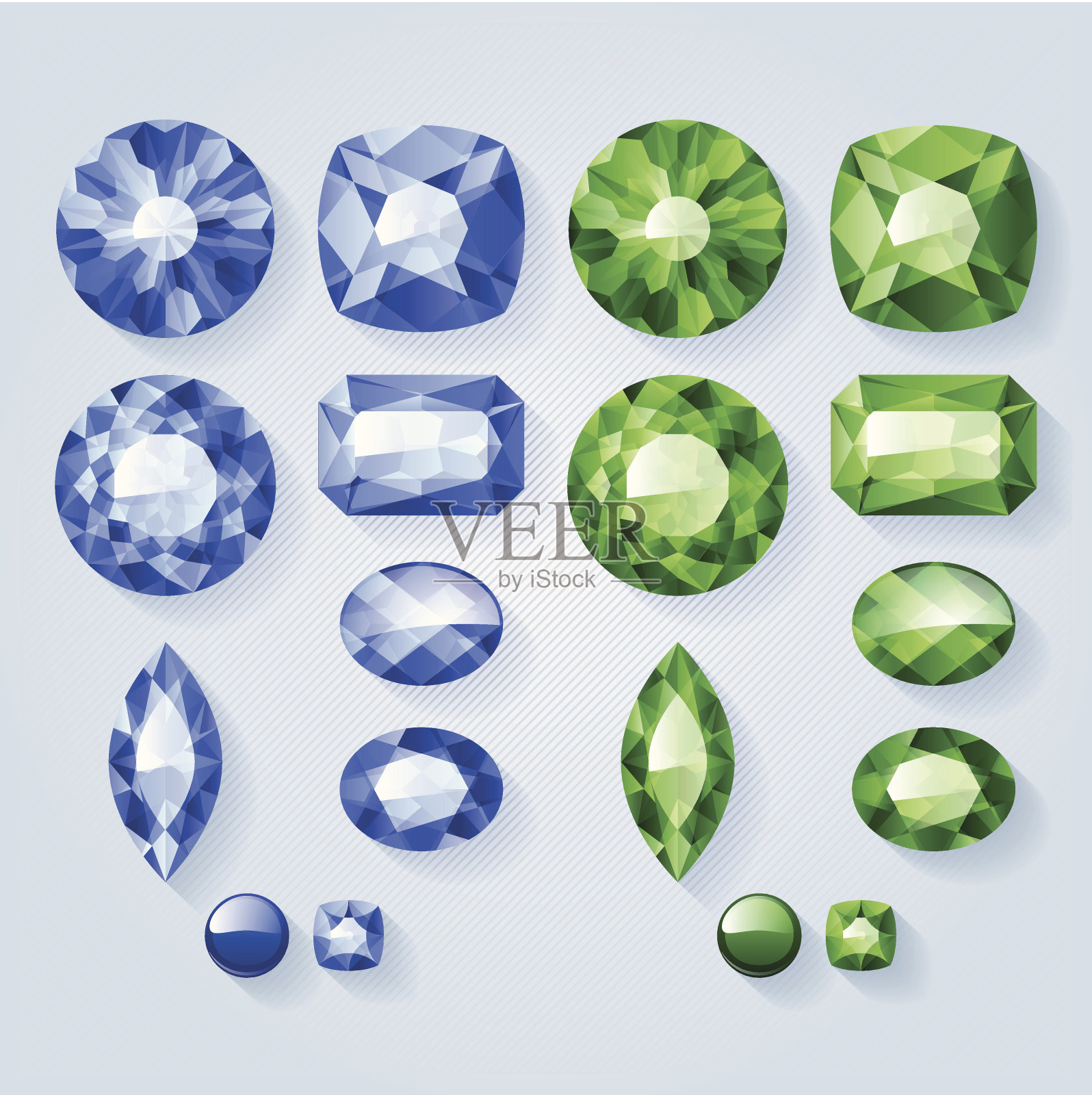 一套绿色和蓝色的宝石。彩色宝石。设计元素图片