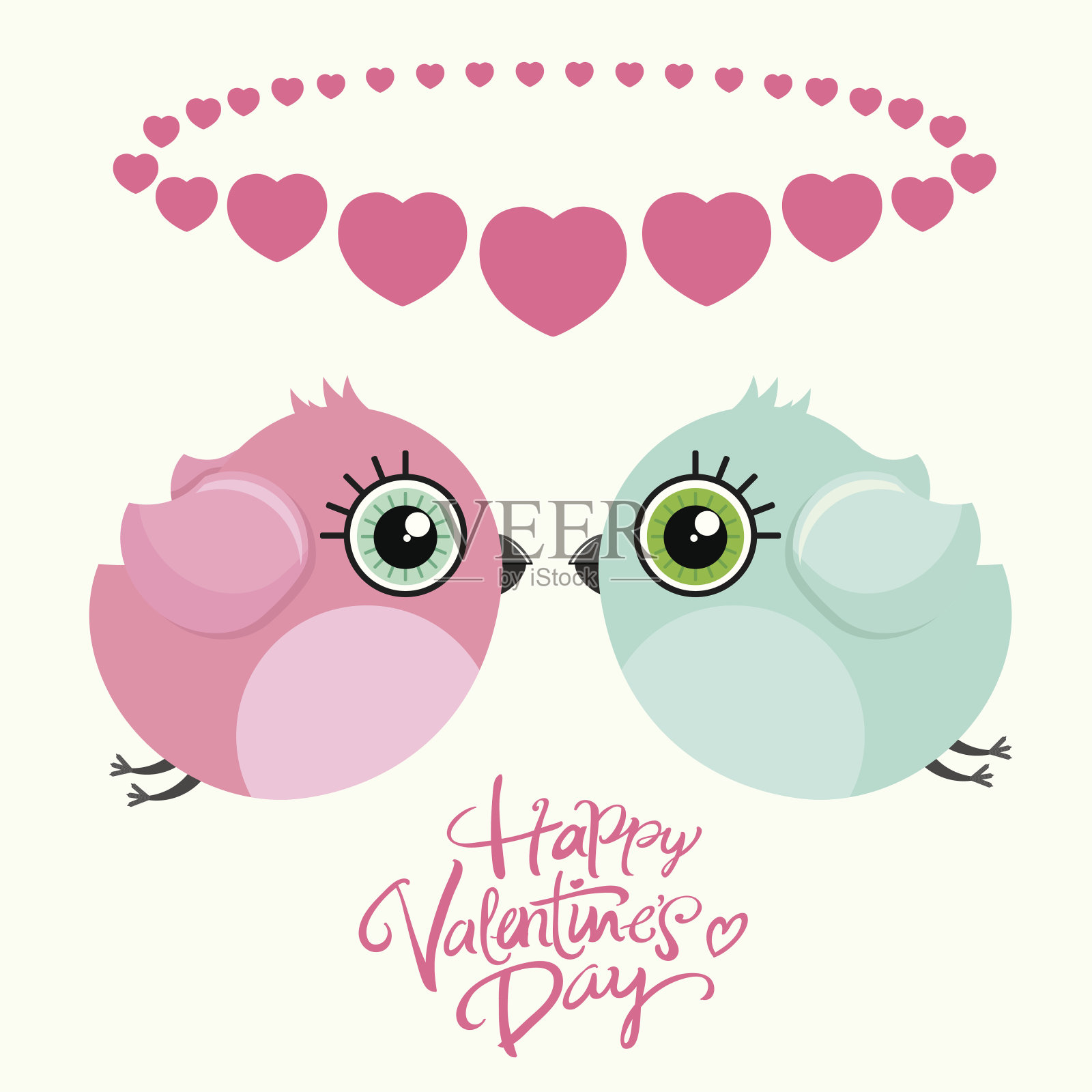 可爱的心形小鸟，情人节的明信片。插画图片素材