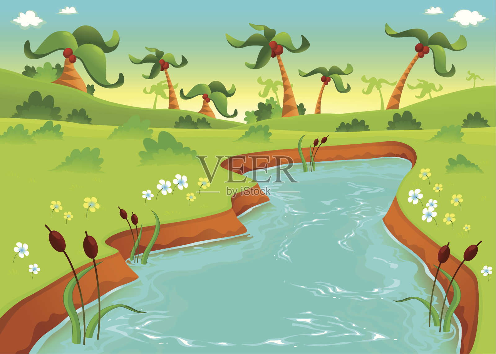 丛林和池塘。插画图片素材
