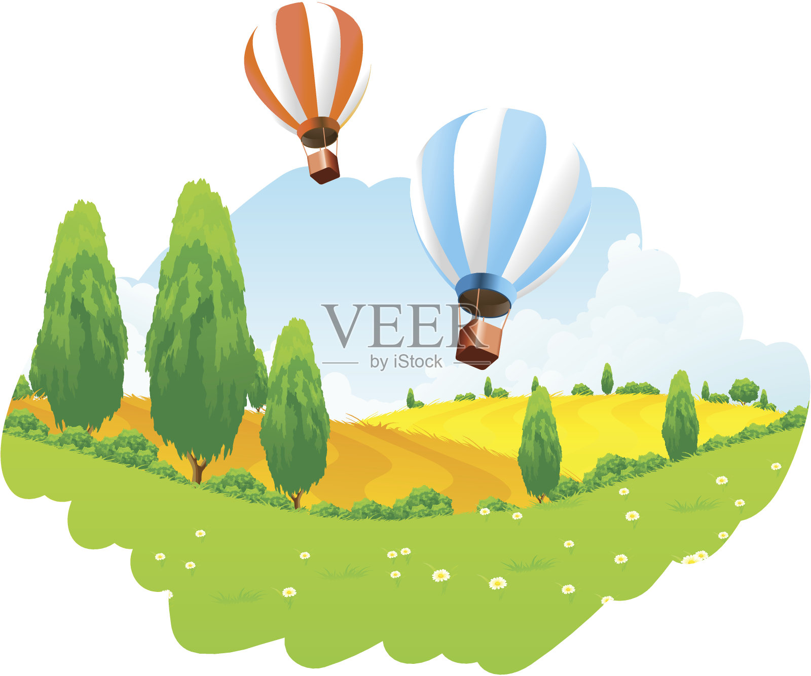 绿色景观与热气球在空中插画图片素材