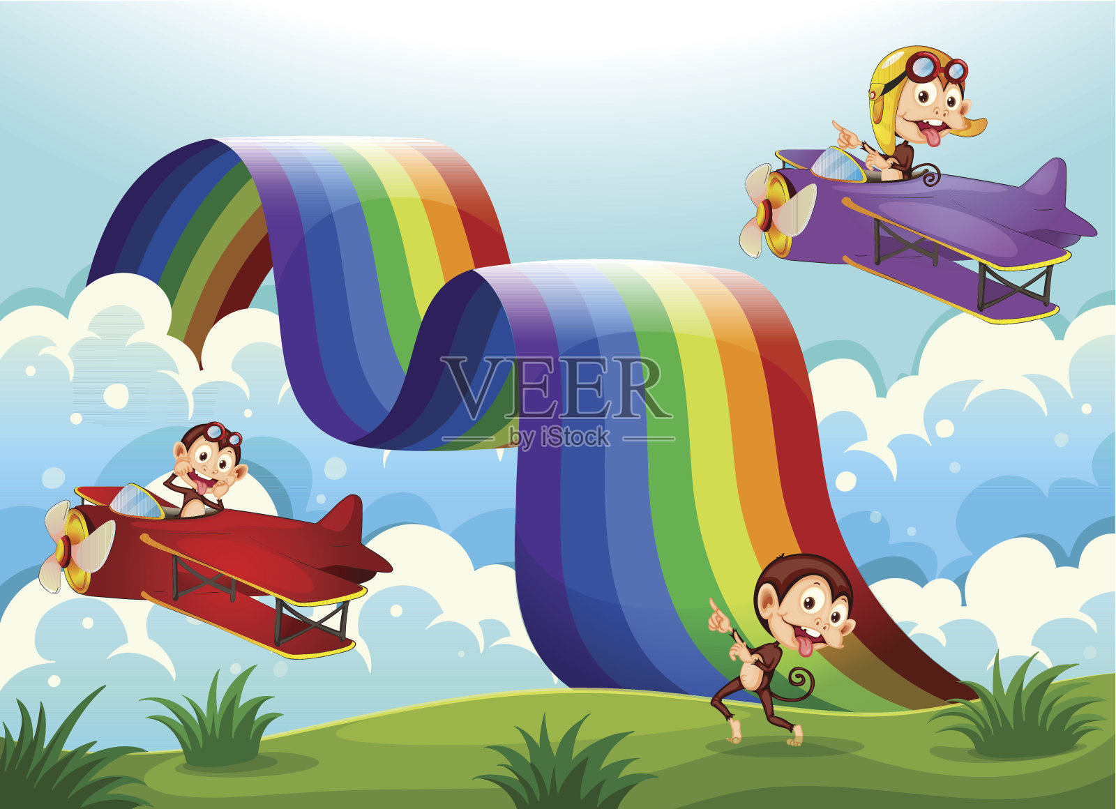 红色和紫色的飞机与猴子飞近彩虹插画图片素材