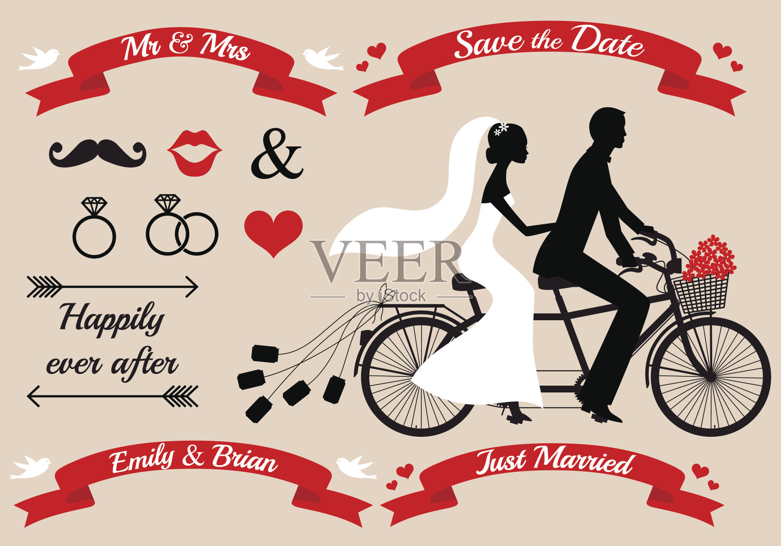 新婚夫妇骑双人自行车，矢量集设计模板素材