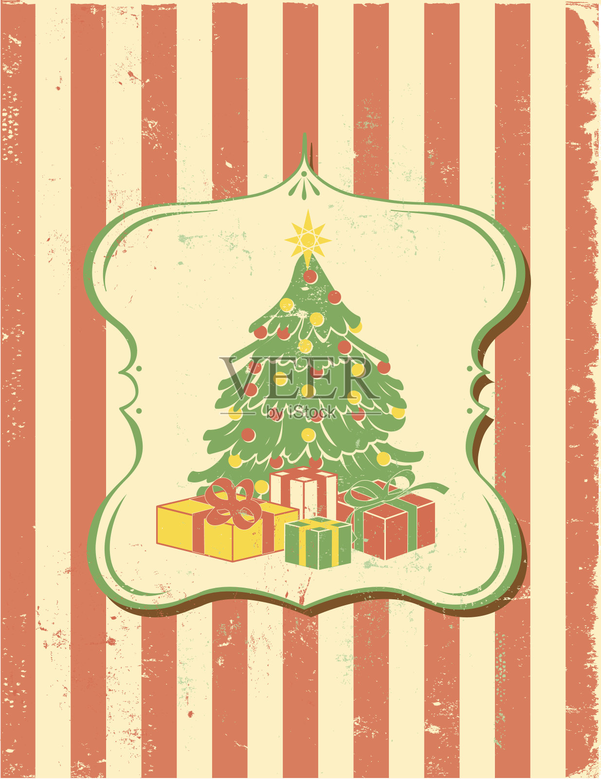 带有条纹的复古圣诞树设计模板素材