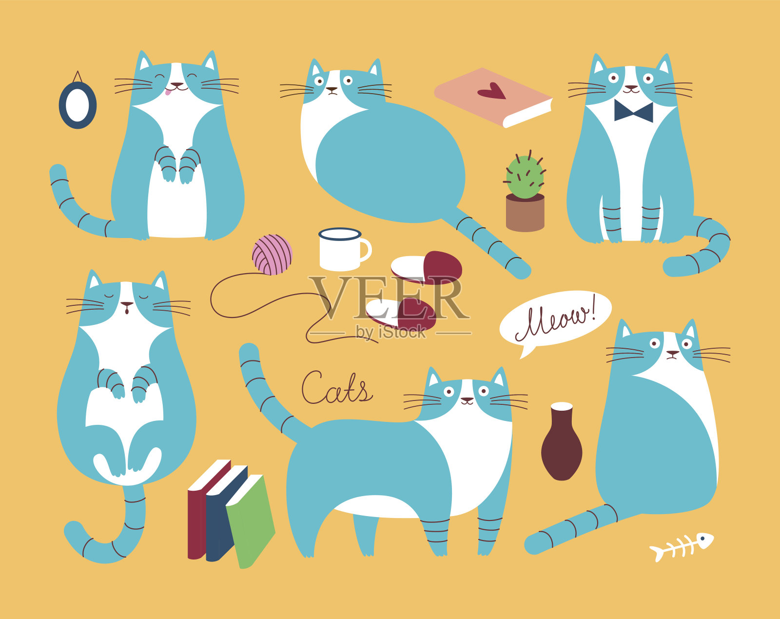 一组有趣的蓝色猫插画图片素材