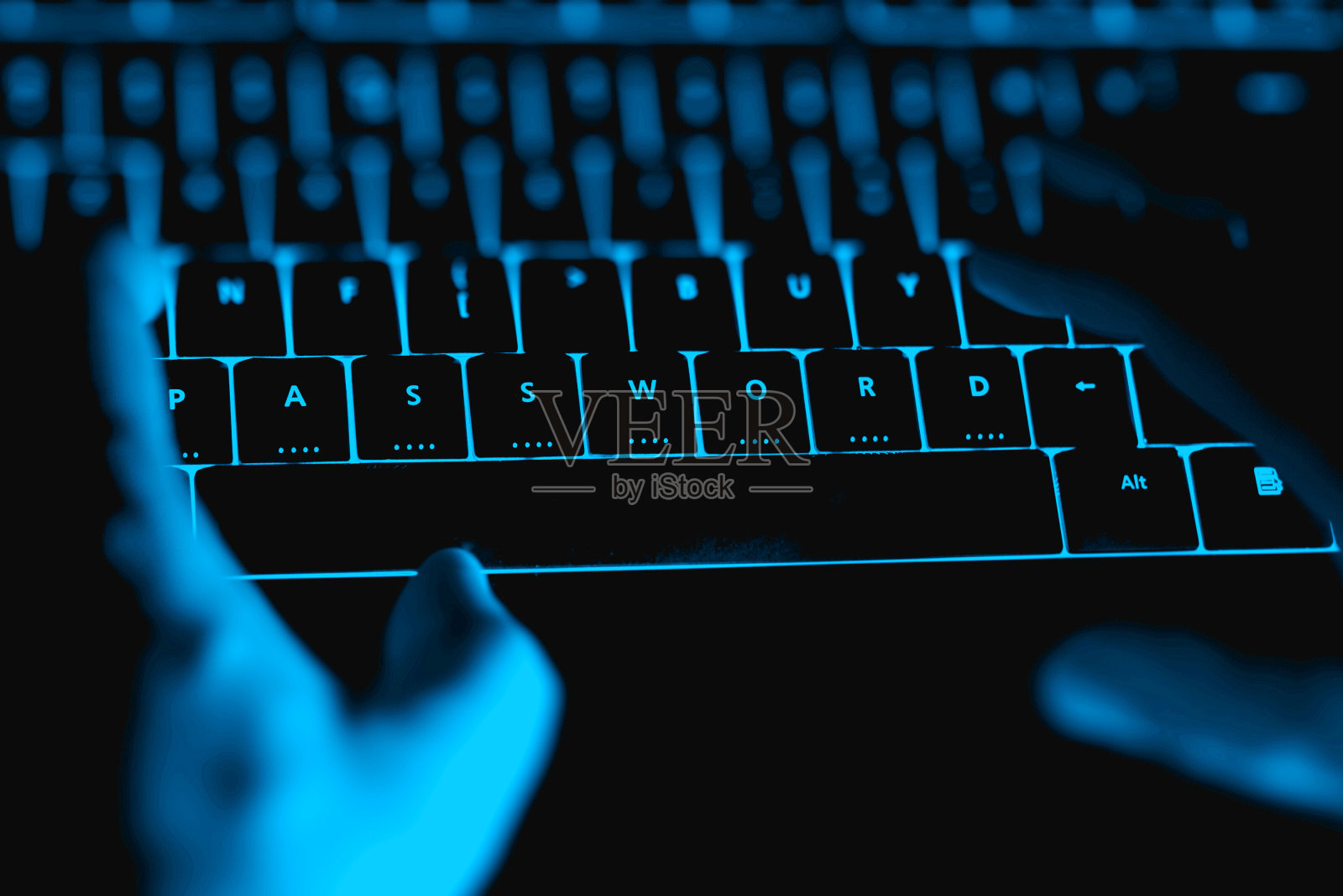 黑客晚上在发光的键盘上打字。照片摄影图片