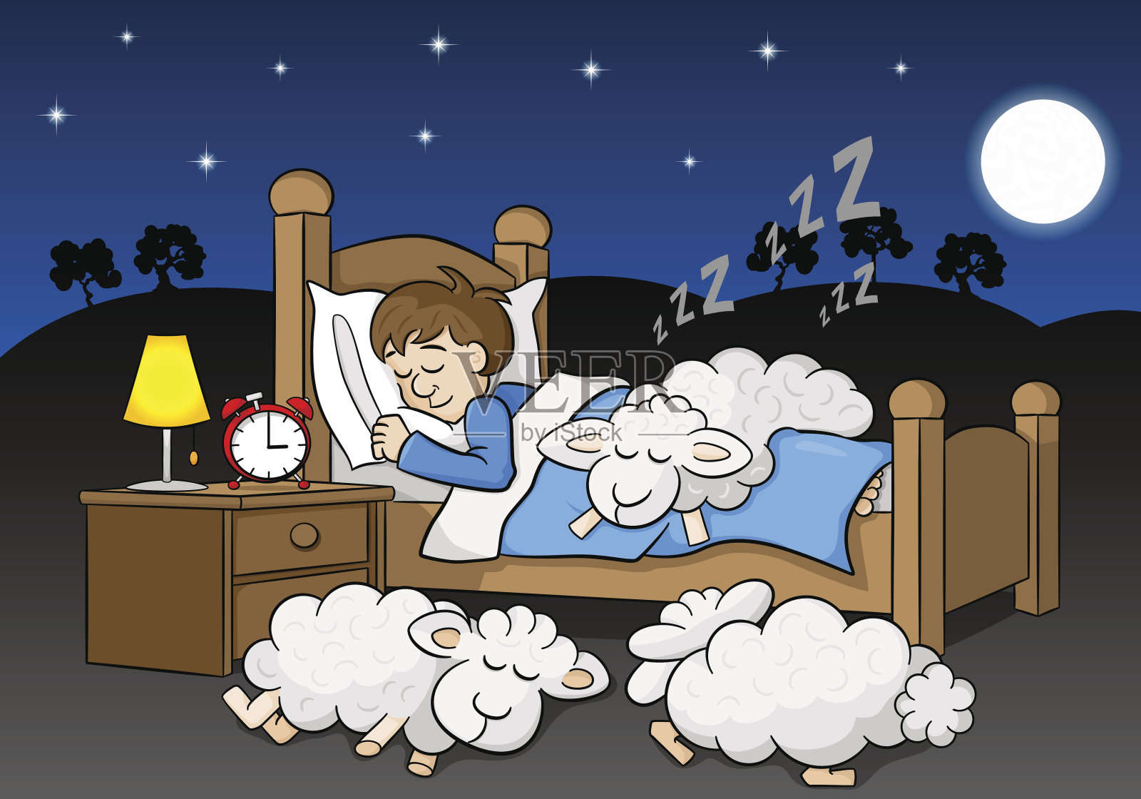 绵羊在一个正在睡觉的人的床上睡着了设计元素图片