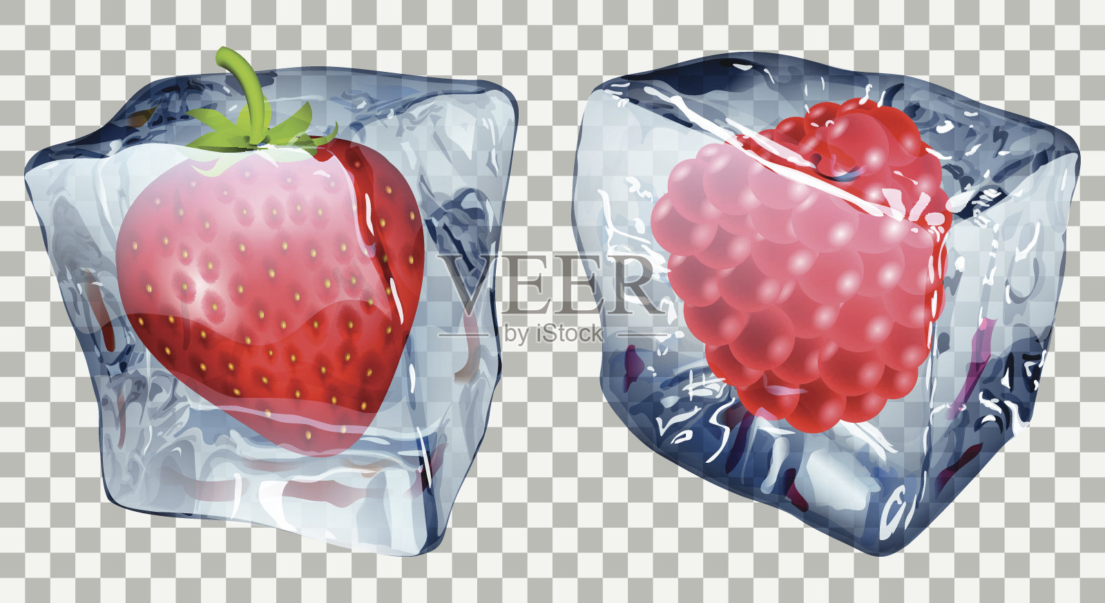 草莓和覆盆子透明冰块插画图片素材