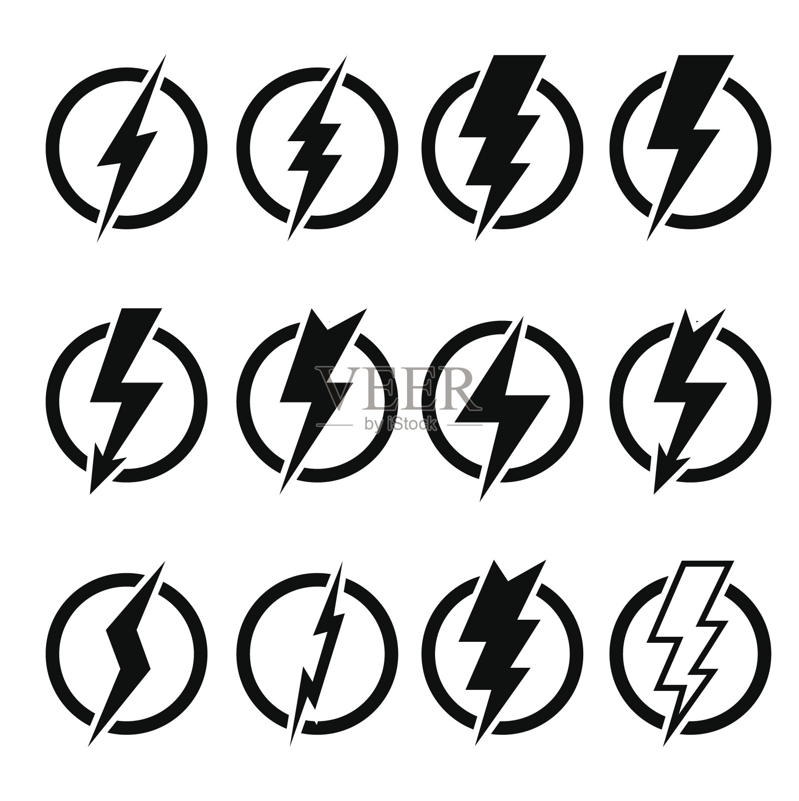 一组黑色闪电和标志设计元素图片