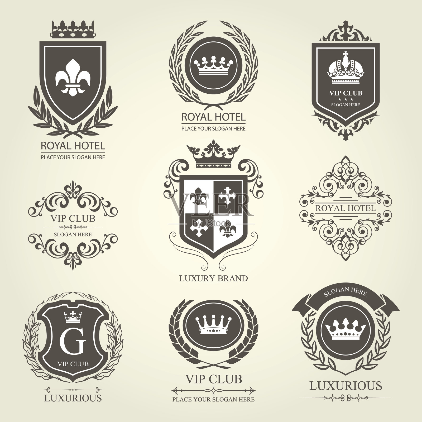 豪华的纹章和徽章，有盾牌和皇冠设计元素图片