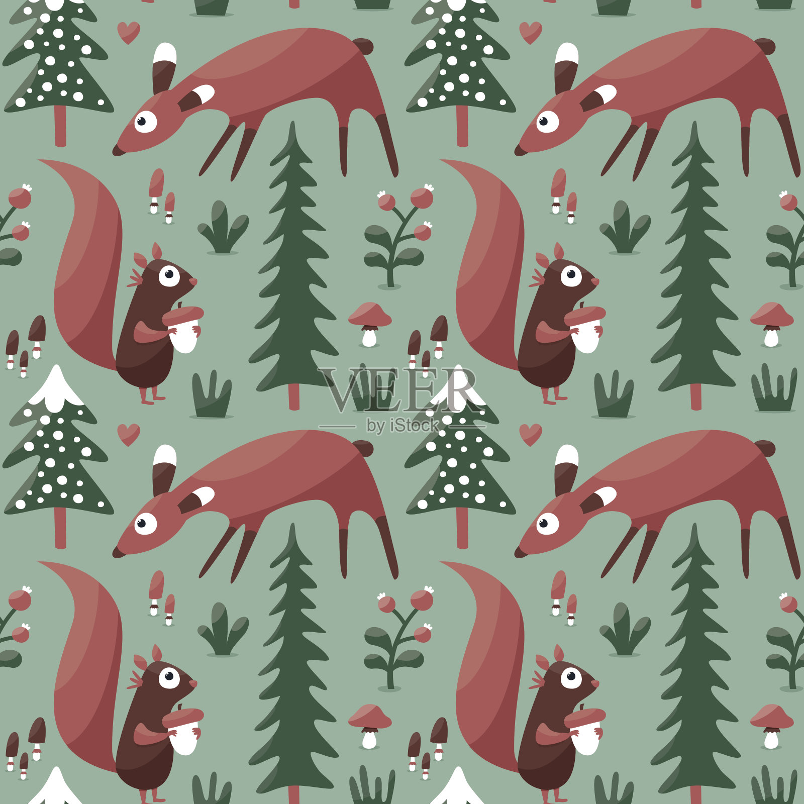 冬纹无缝松鼠、鹿、蘑菇、植物、雪、树插画图片素材