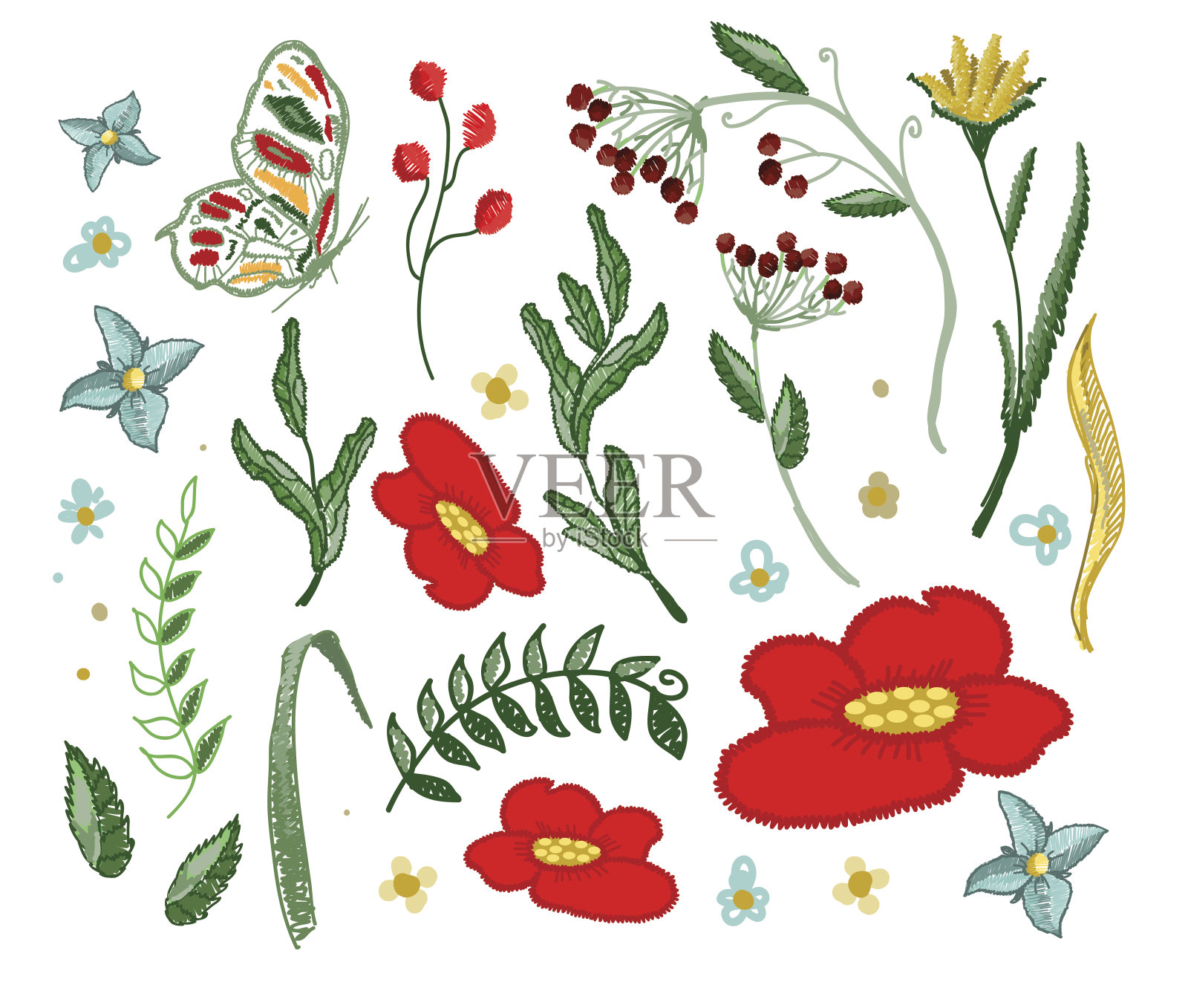 美丽的花朵刺绣矢量纺织品设计插画图片素材