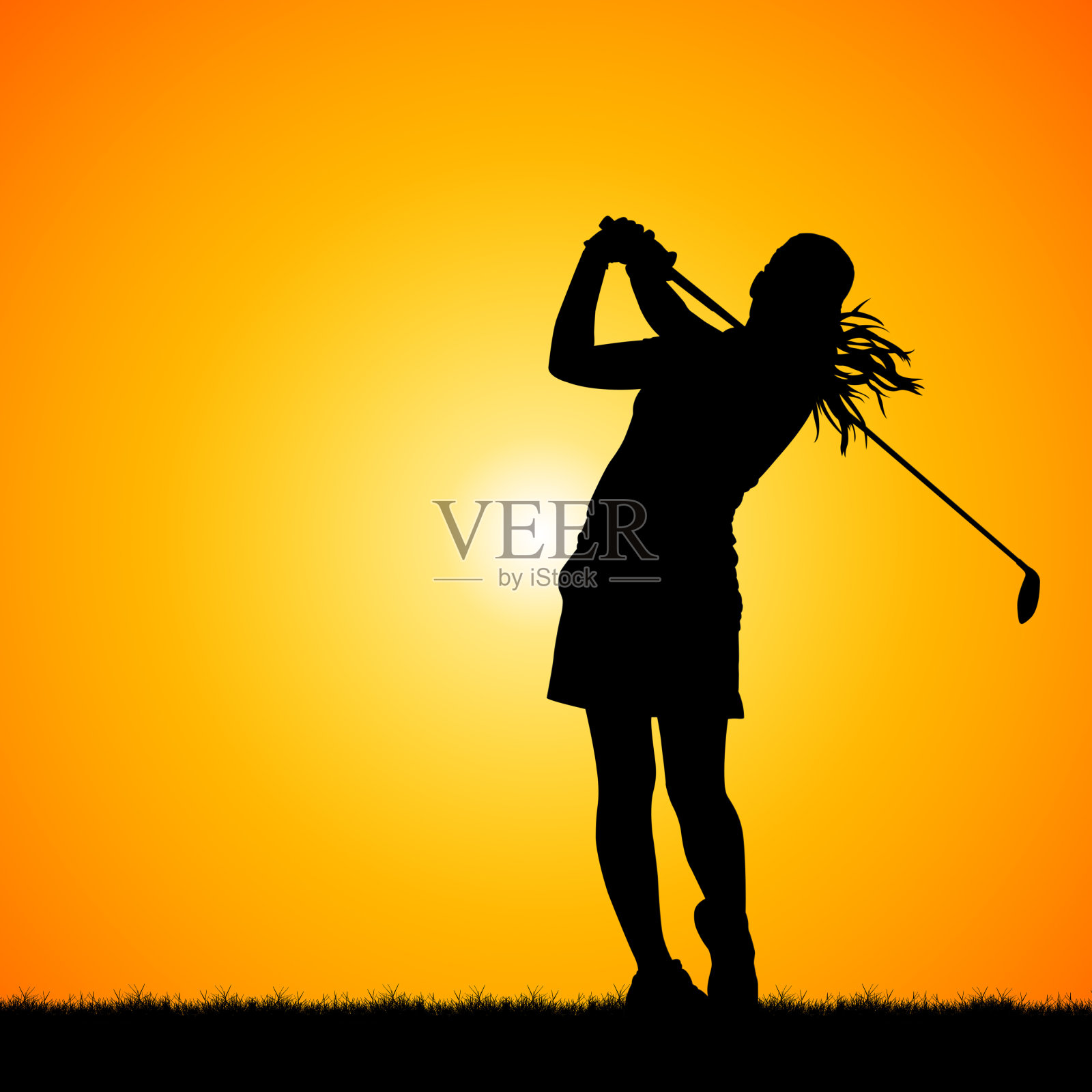 夕阳背景下的高尔夫球手剪影照片摄影图片