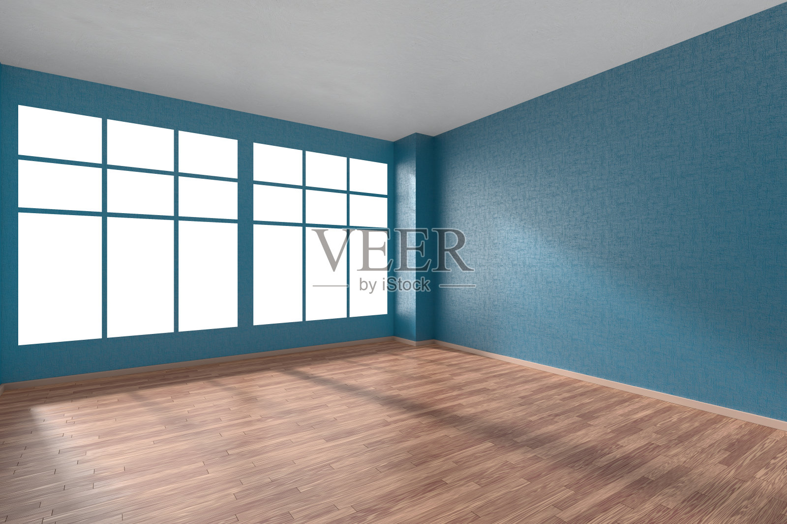 空房间，镶木地板，蓝色纹理的墙壁和窗户照片摄影图片
