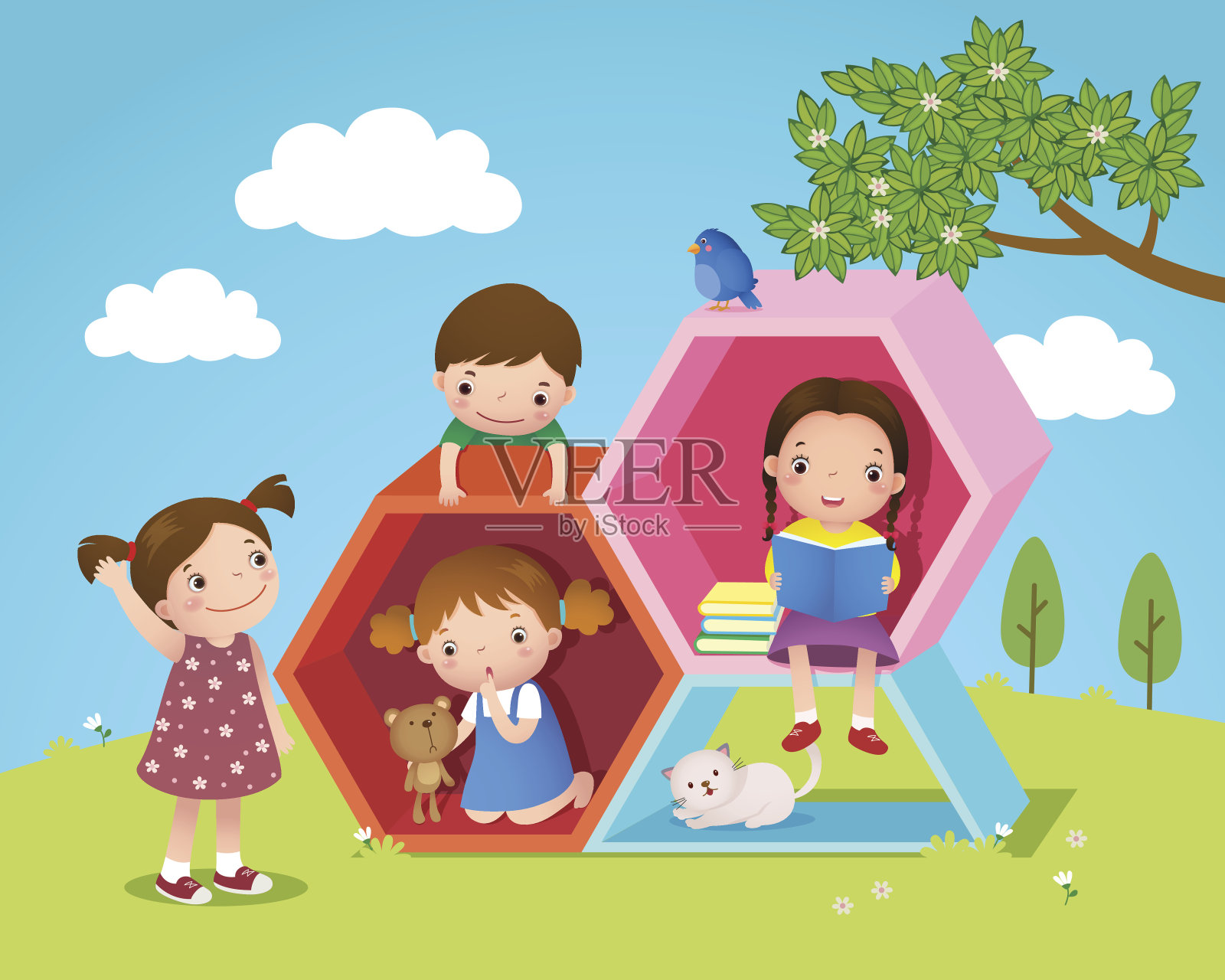 孩子们在院子里用六边形玩耍和阅读插画图片素材