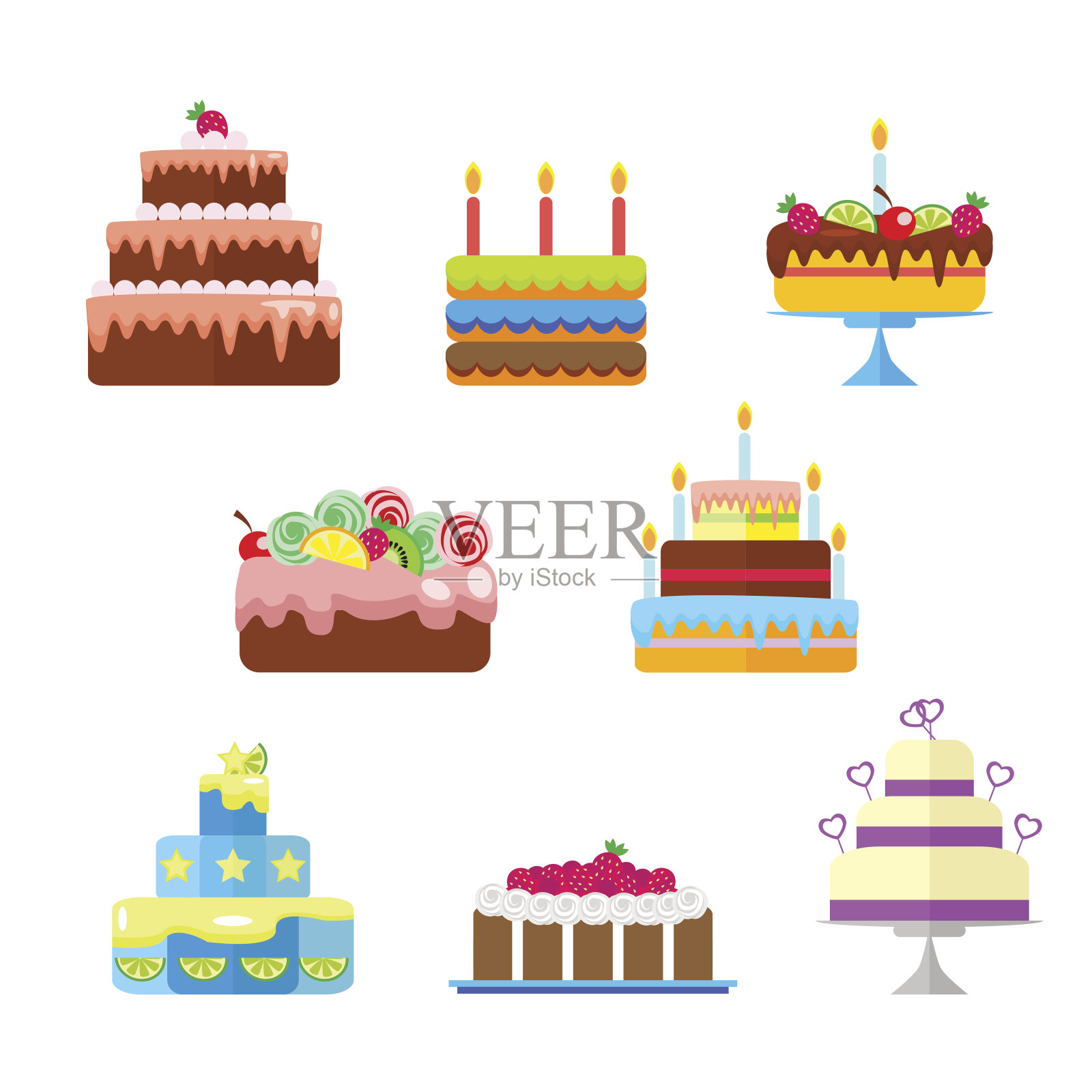 一套蛋糕，水果和蜡烛的生日或其他节日。矢量，插图在平面风格孤立在白色背景EPS10。设计元素图片