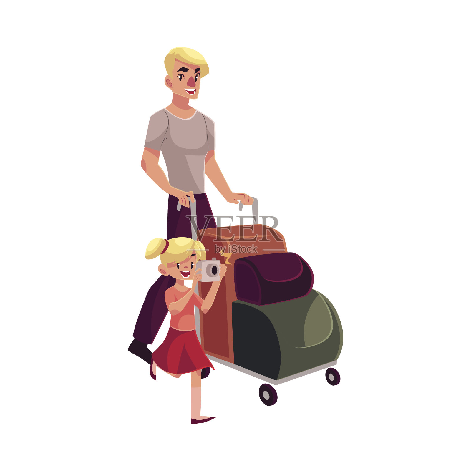 年轻人推着行李车，女儿拿着相机插画图片素材