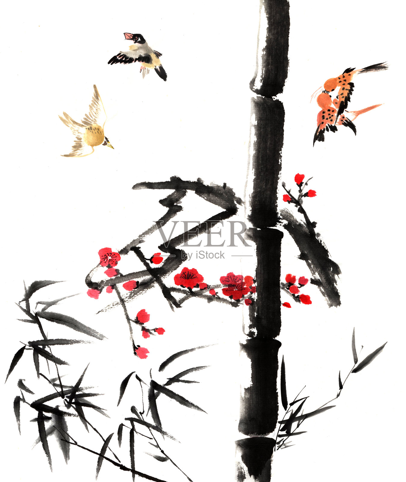 传统中国的观点——竹子和梅花插画图片素材