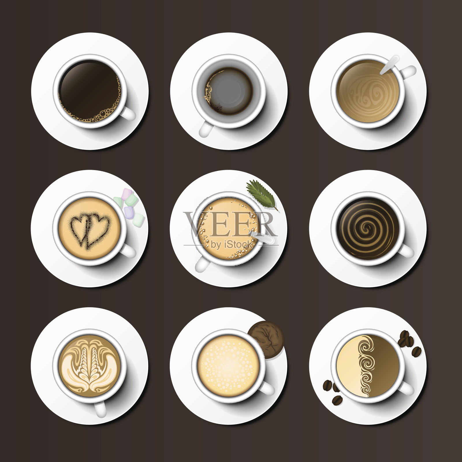咖啡杯分类俯视图集合矢量插图设计元素图片