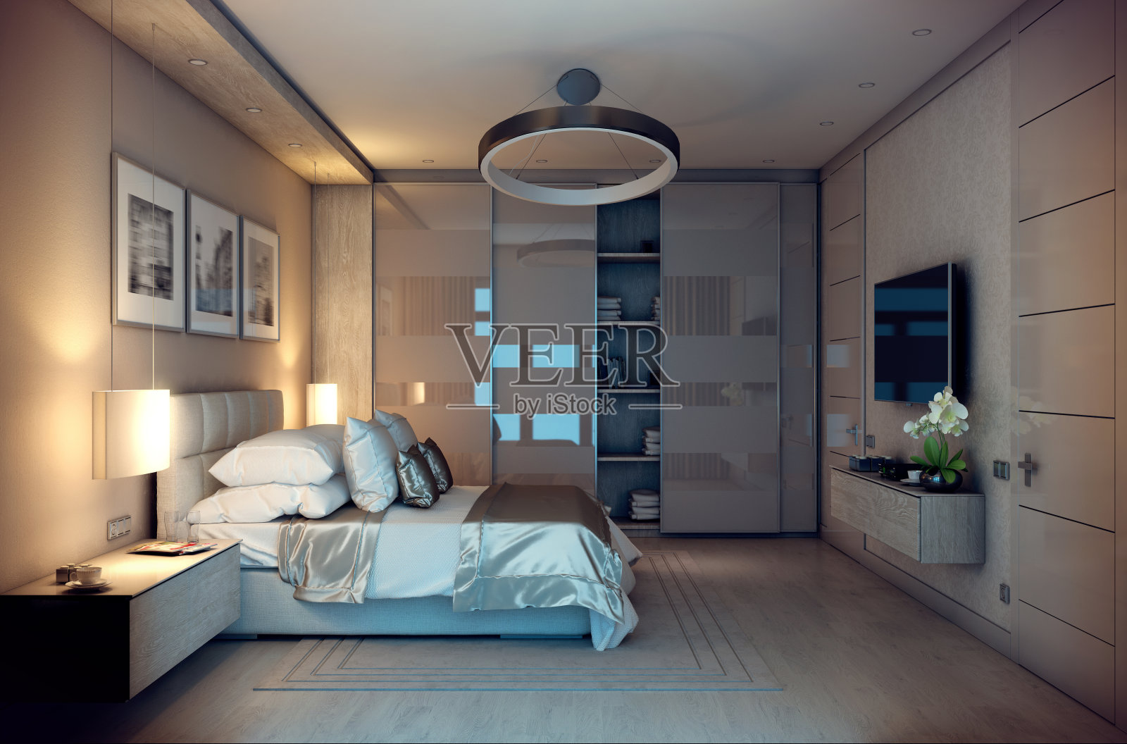 3D渲染傍晚卧室房子在森林照片摄影图片