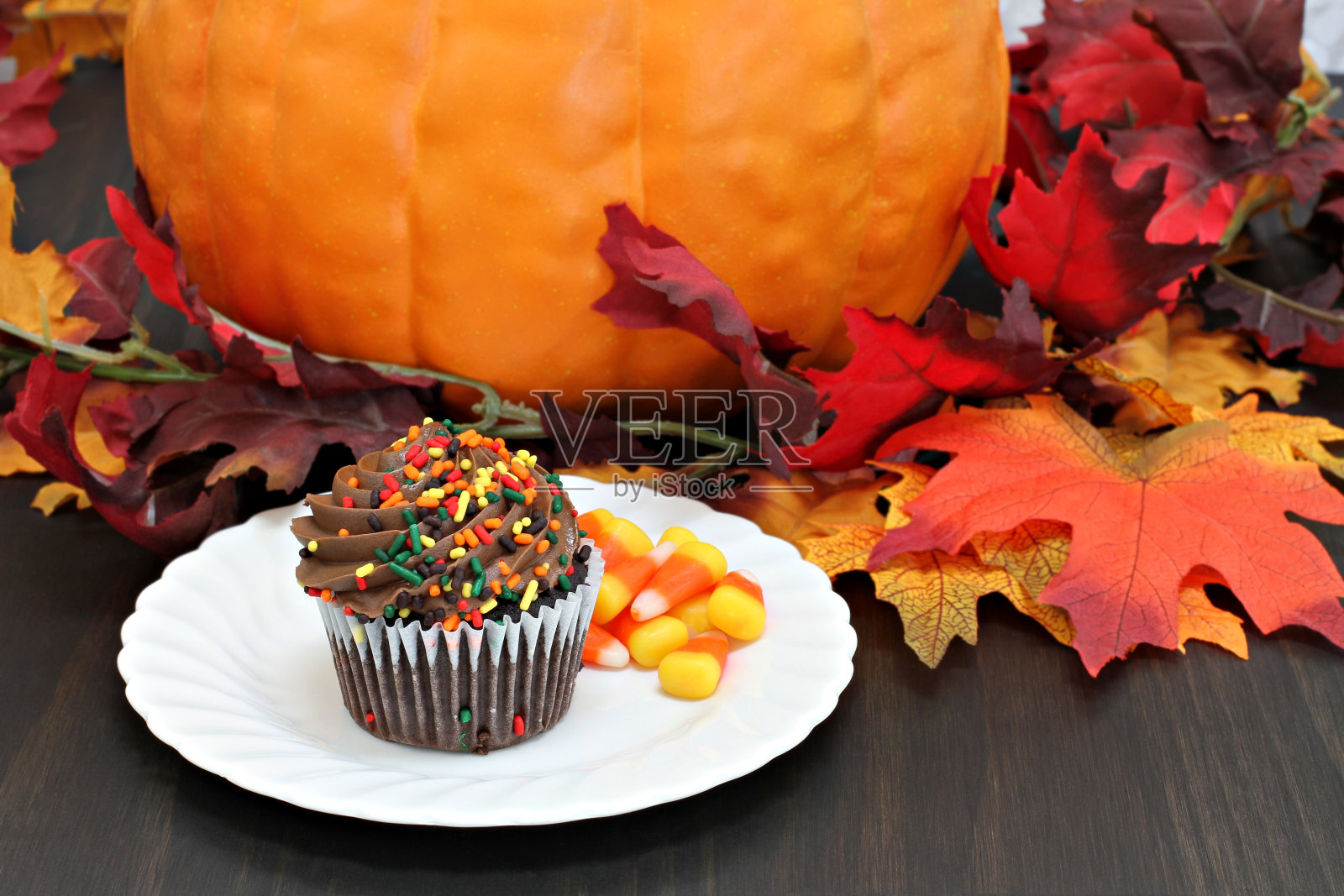 一个以秋天为背景装饰的巧克力纸杯蛋糕照片摄影图片