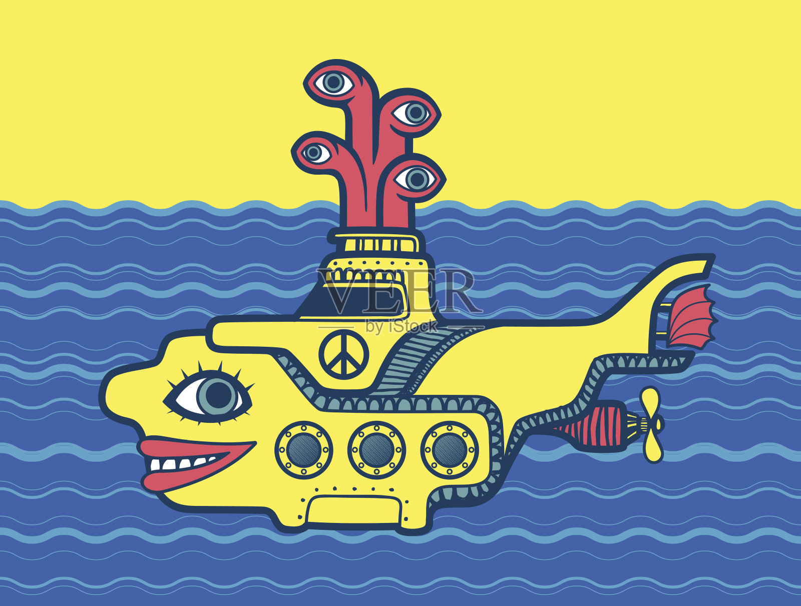 黄色潜水艇在海上卡通和平标志60年代的迷幻艺术插画图片素材