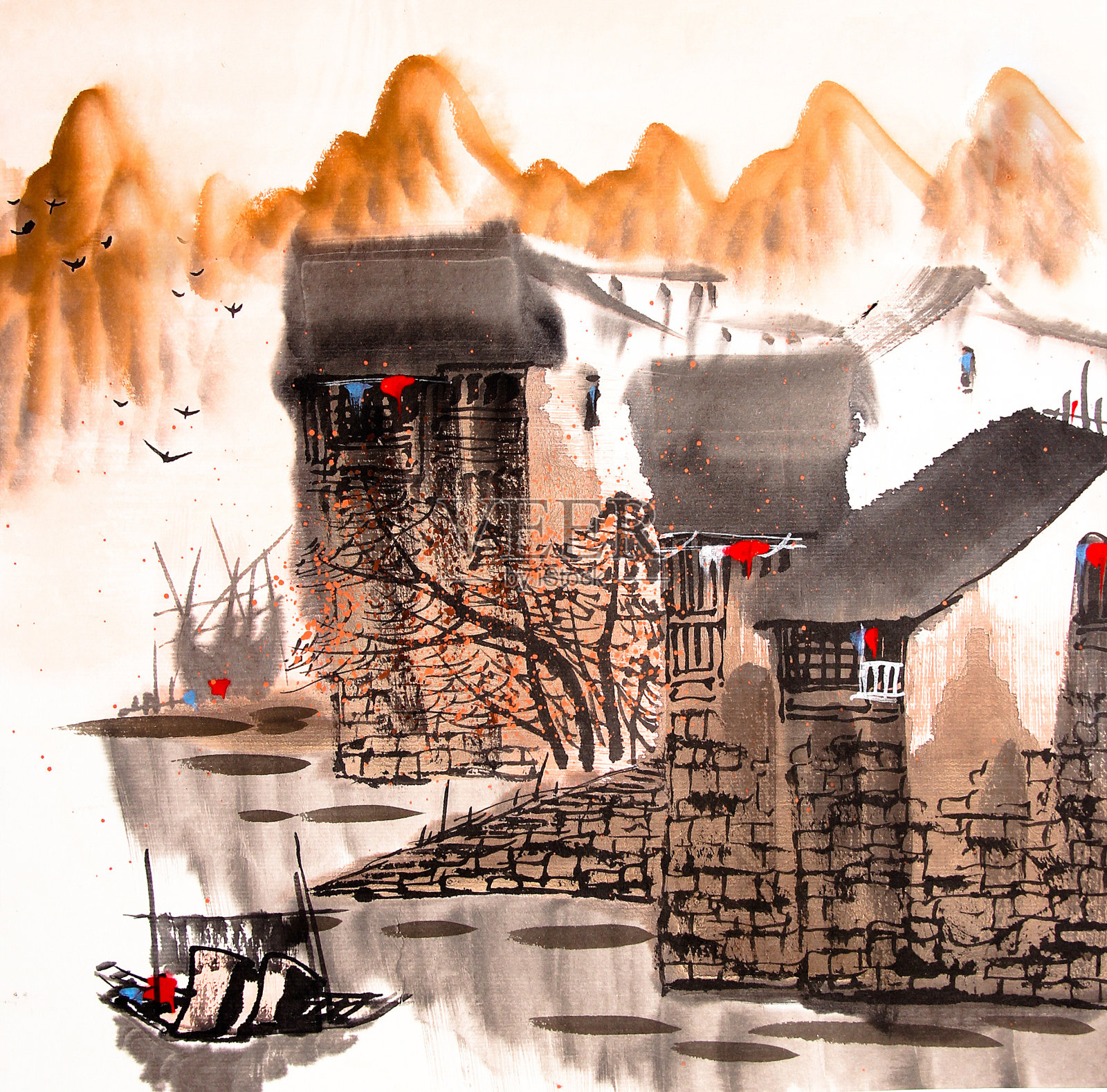 中国画水乡插画图片素材