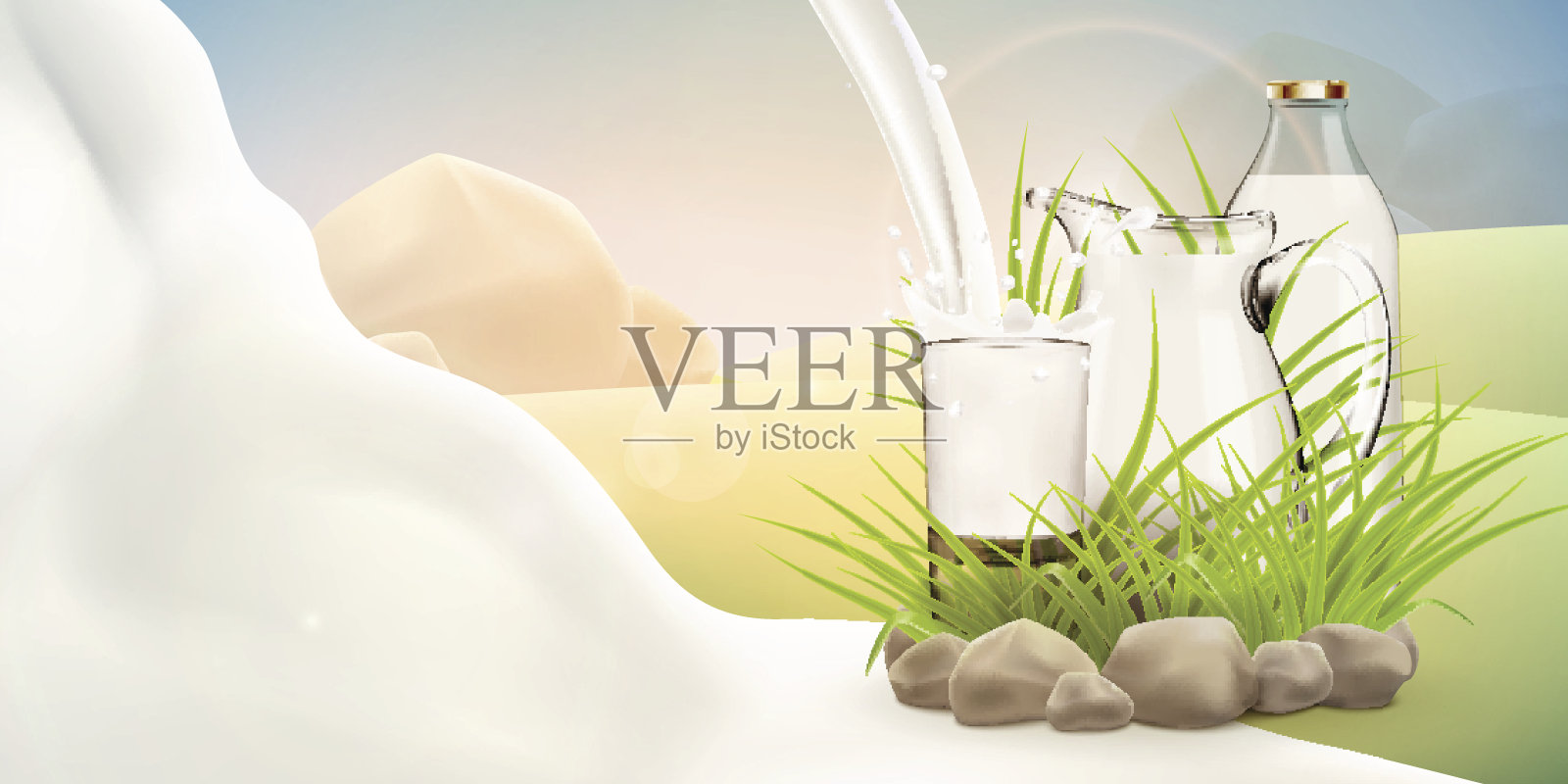 新鲜牛奶倒在玻璃附近的满瓶和透明的罐子隐藏在草与石头周围的插图，矢量明亮的阳光背景标签设计或广告插画图片素材