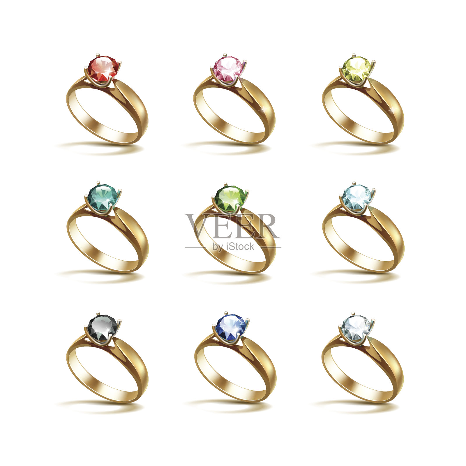 金订婚戒指，红，粉，蓝，绿，黑，白钻石设计元素图片
