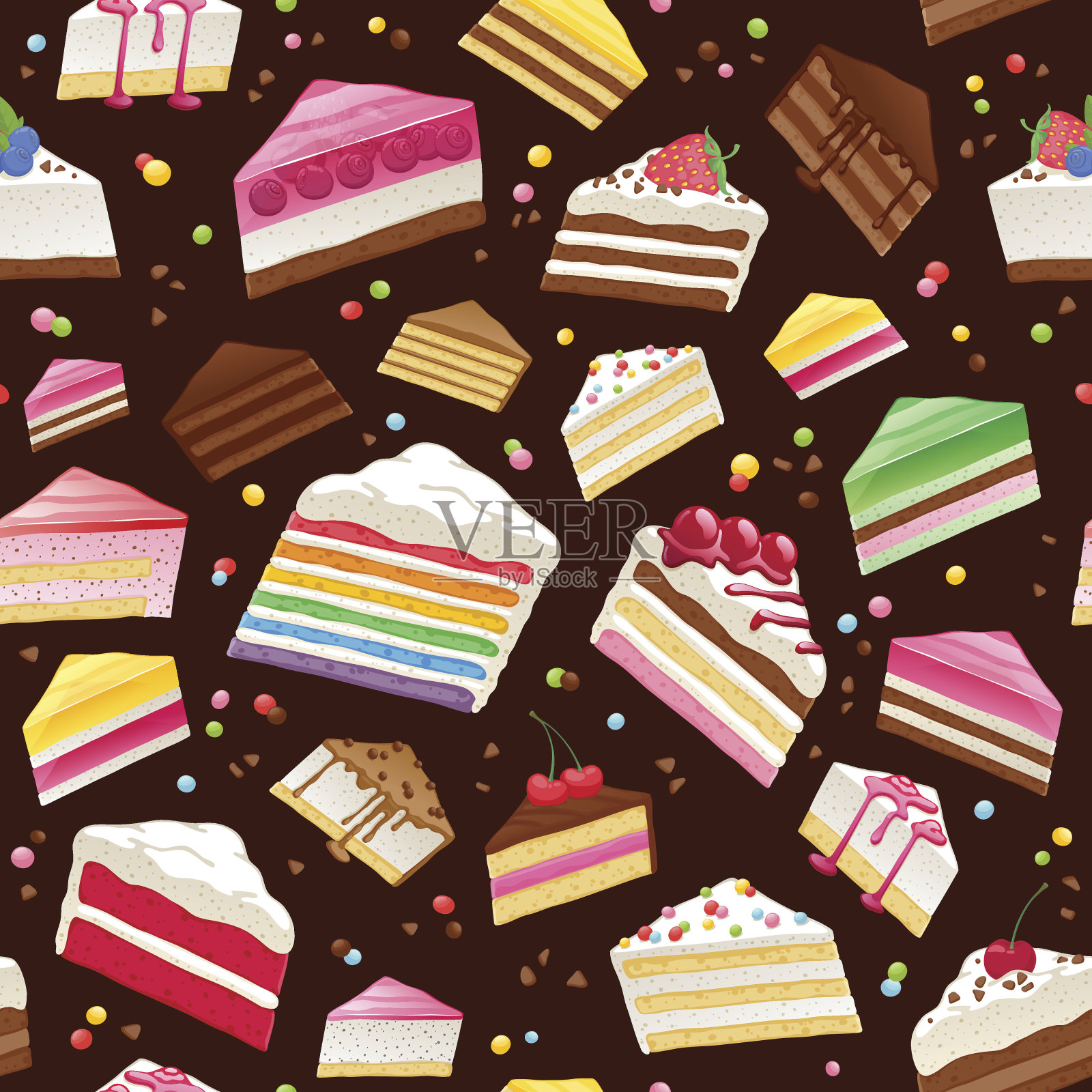 五彩缤纷的甜蛋糕切成无缝的背景插画图片素材