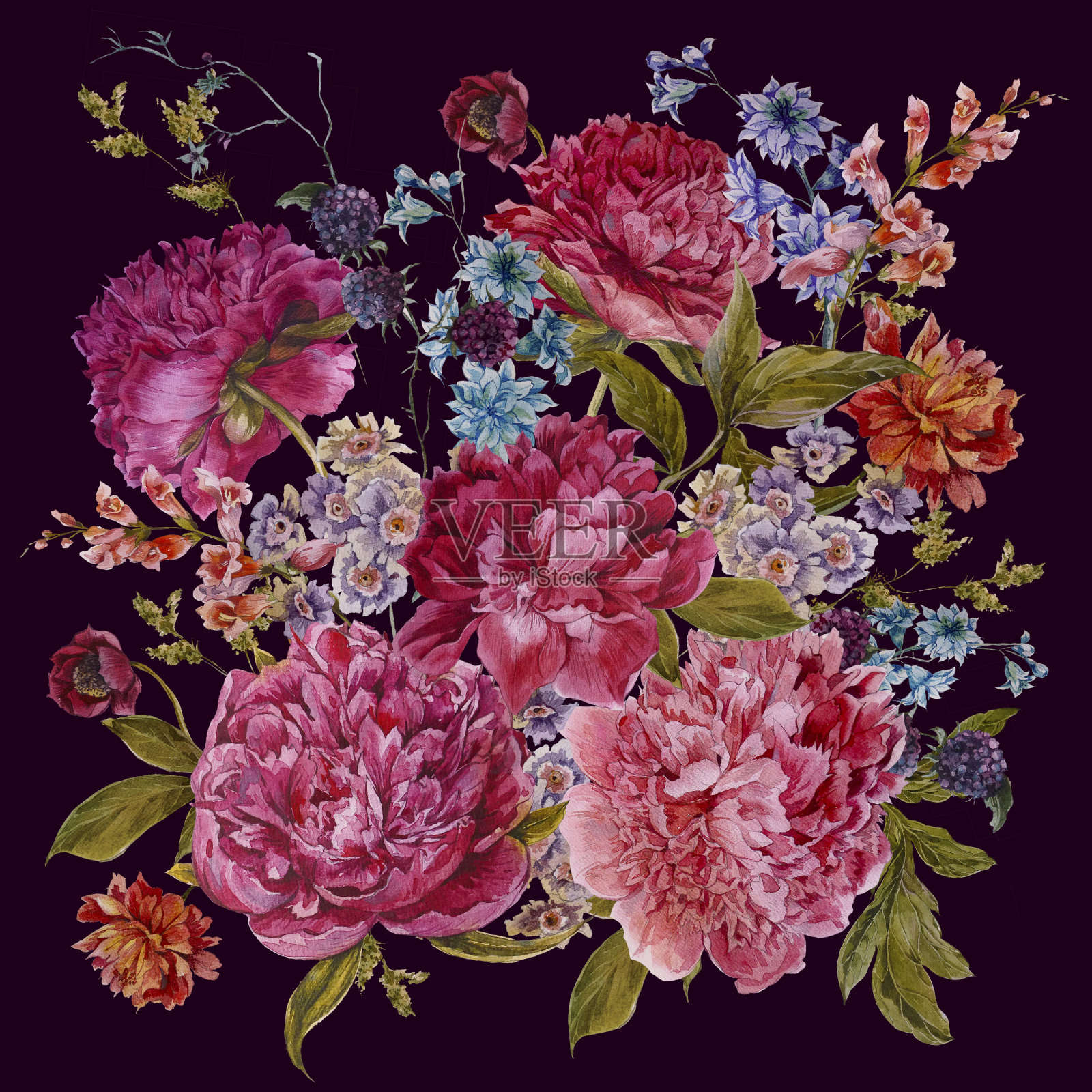 水彩花束与勃艮第牡丹在复古风格插画图片素材