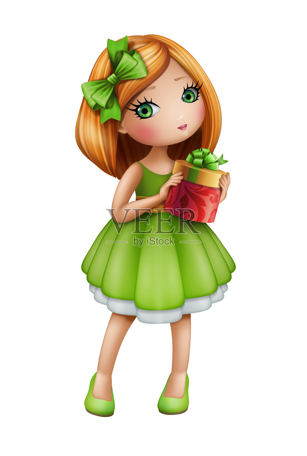 快乐的红发女孩穿着绿色的衣服拿着礼物盒，娃娃插画图片素材