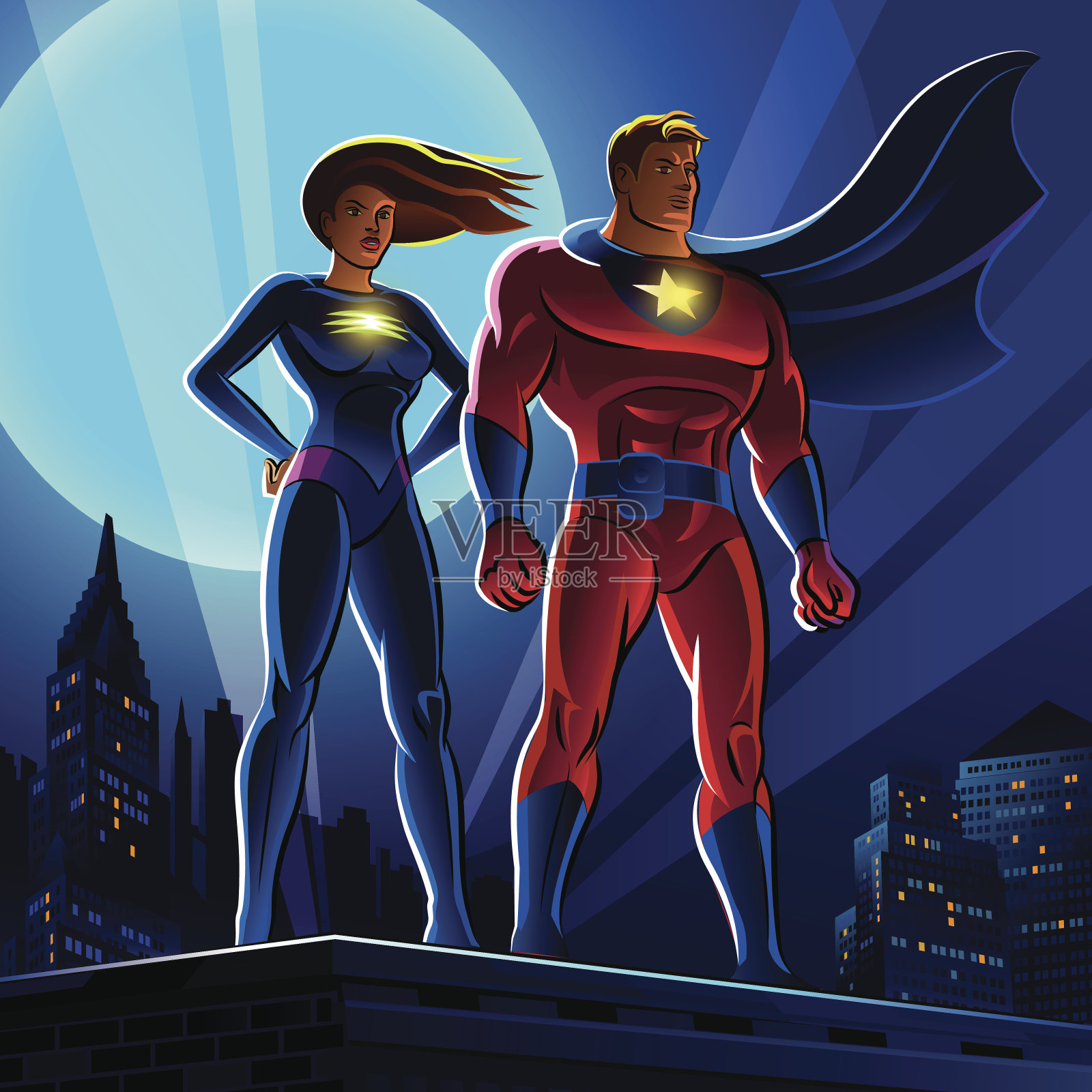 超级英雄的夫妇。男性和女性超级英雄。矢量图插画图片素材