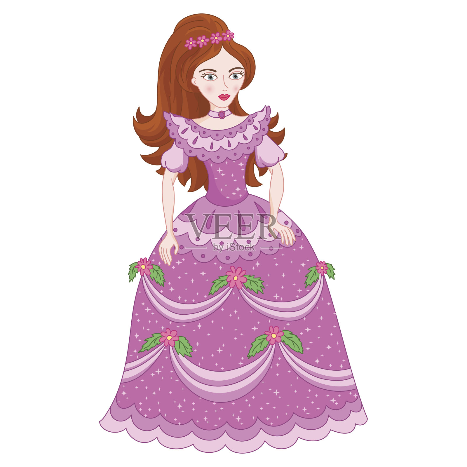 美丽的褐发公主在亮紫丁香或粉红色的插图插画图片素材