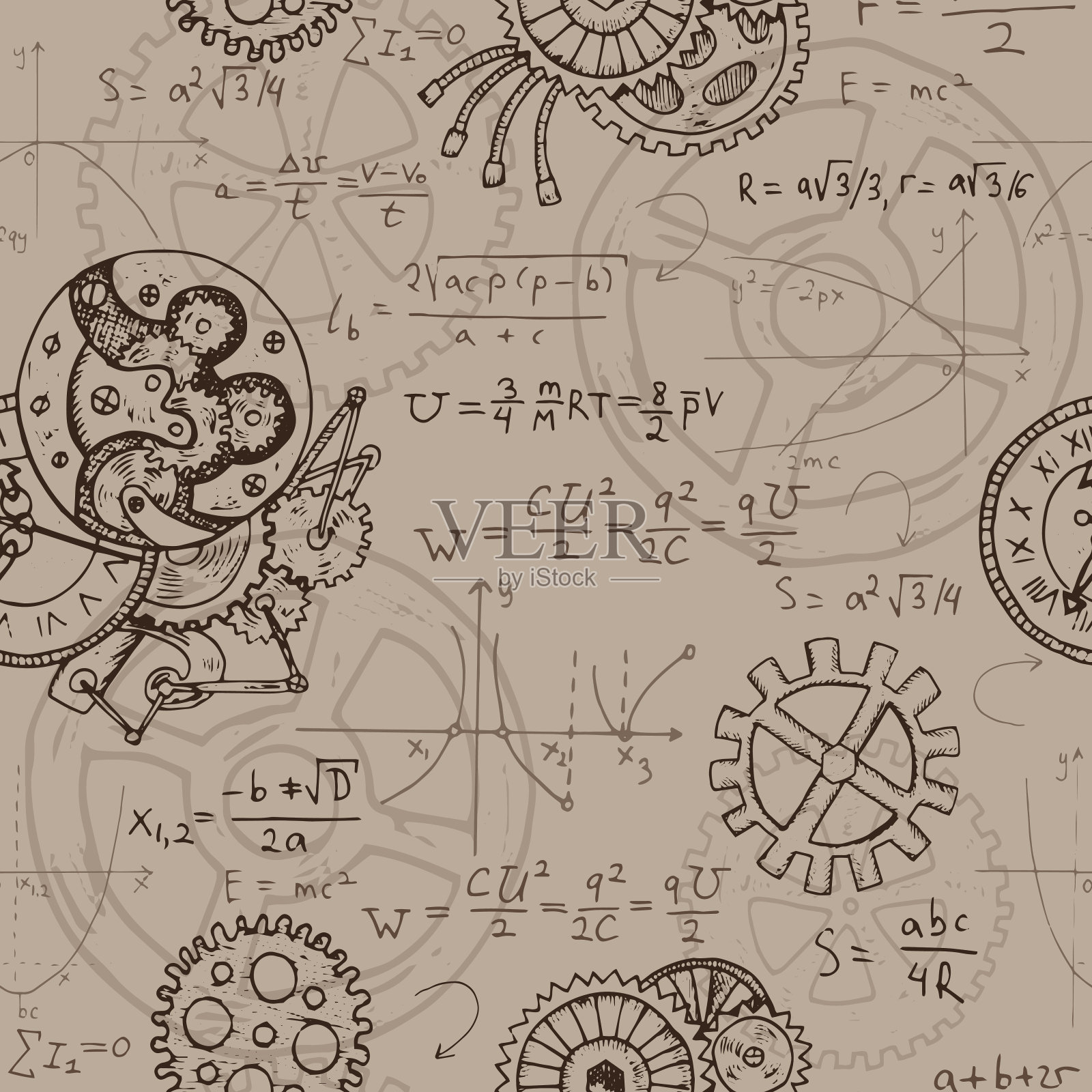 无缝的数学公式，齿轮，图形和旧的机制背景插画图片素材