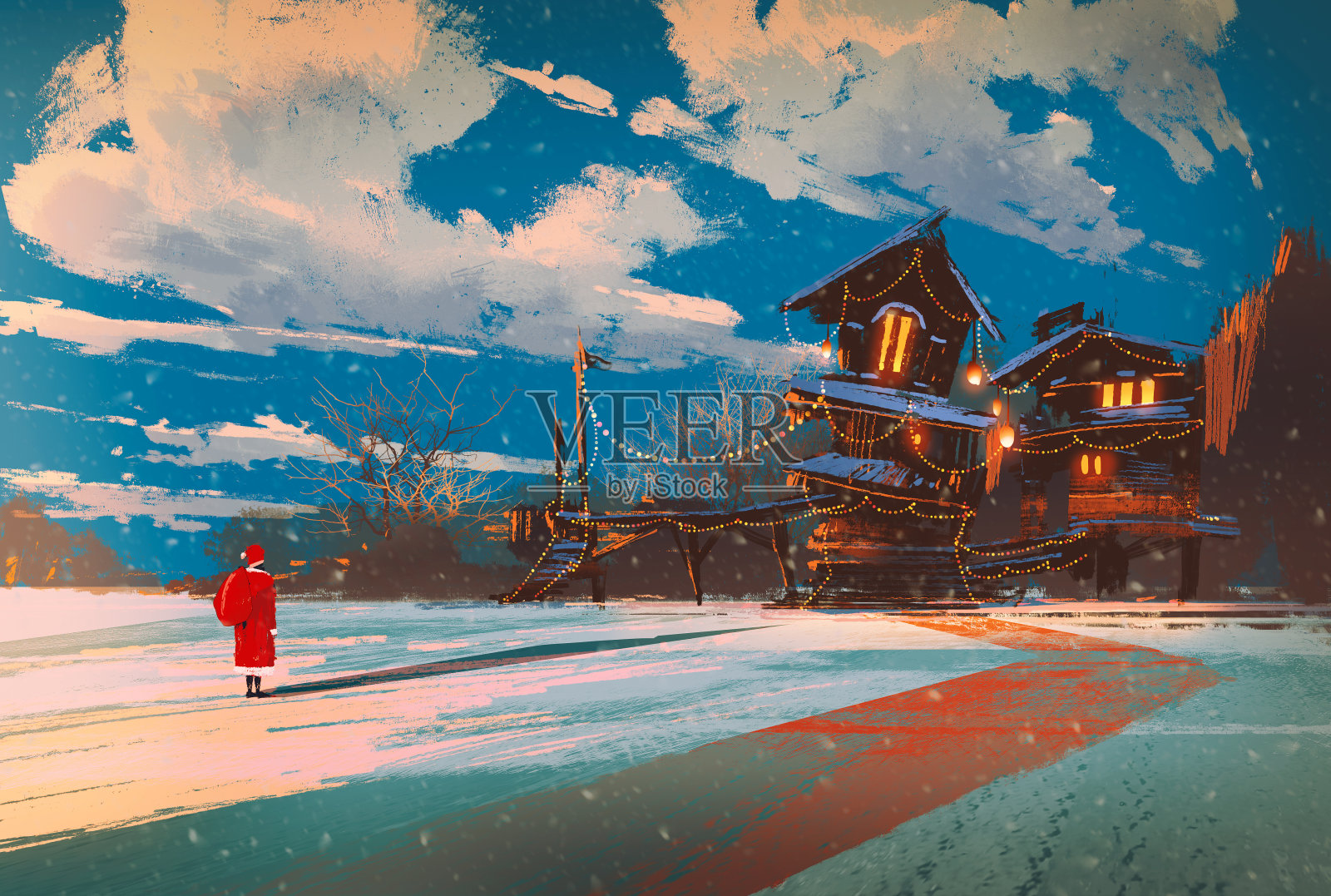 冬天的风景和圣诞夜的木屋插画图片素材