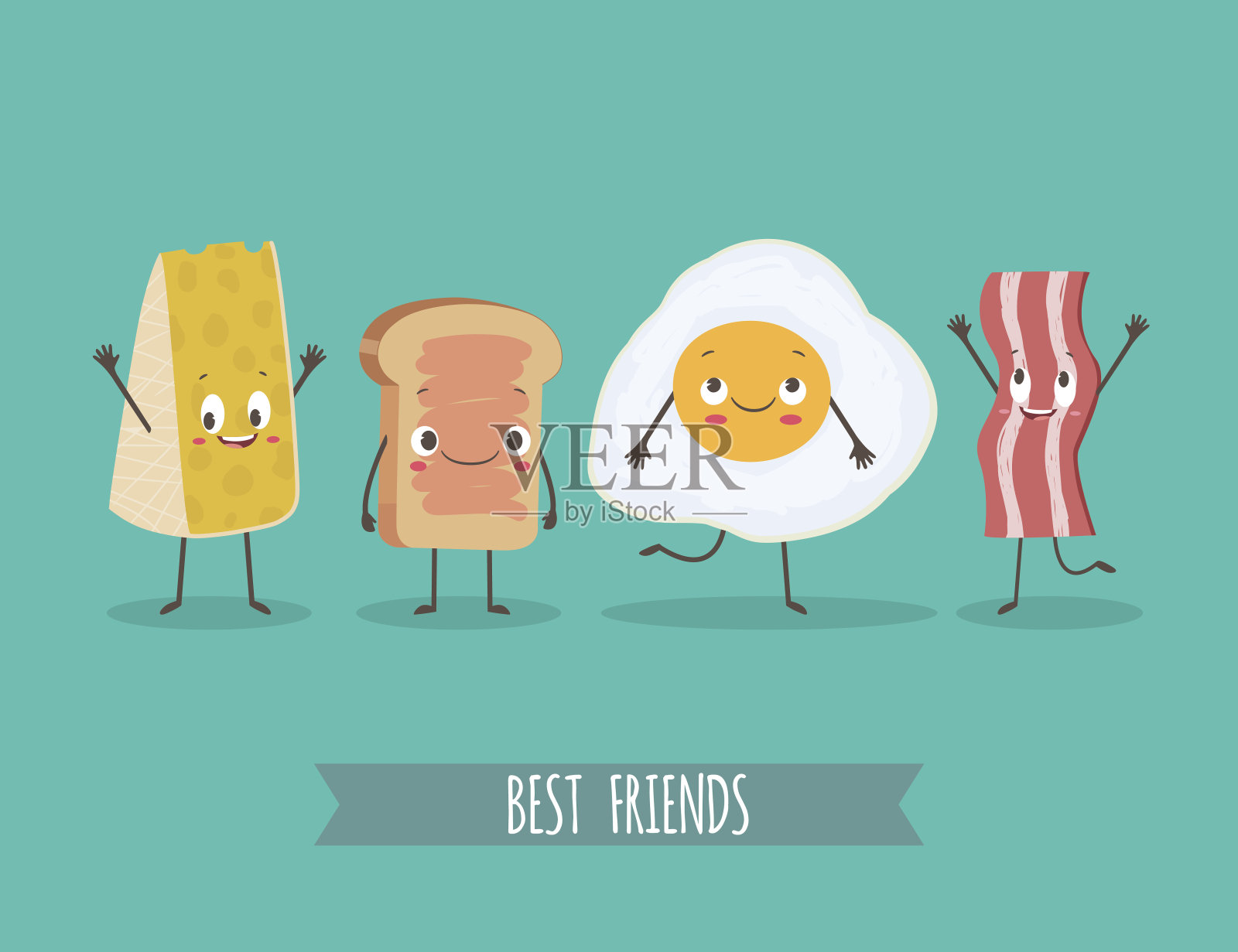 可爱的角色奶酪，面包，鸡蛋和培根插画图片素材