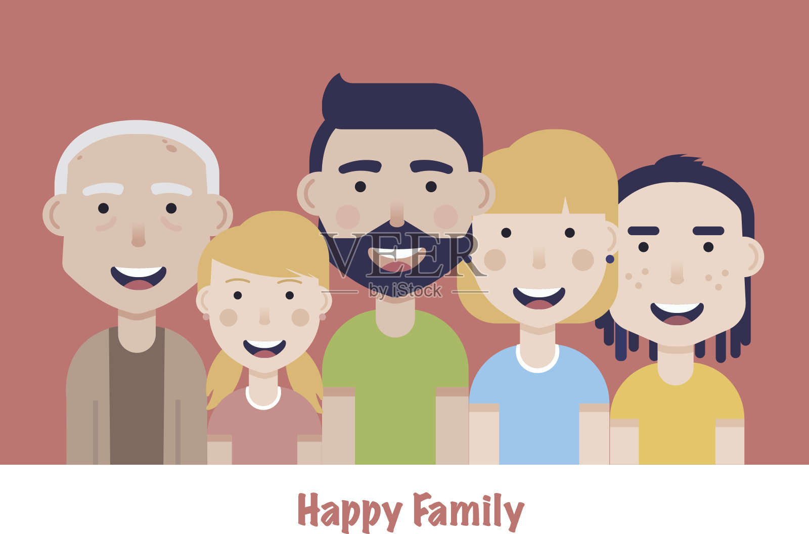 幸福的家庭说明。爸爸，妈妈，爷爷，儿子和女儿的肖像插画图片素材