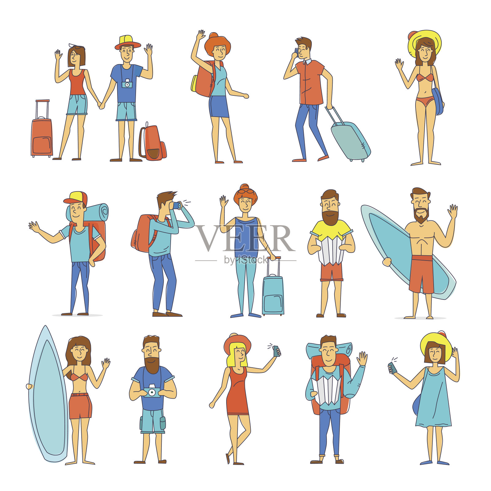 人们和情侣去旅游，冲浪，休闲，徒步旅行。插画图片素材