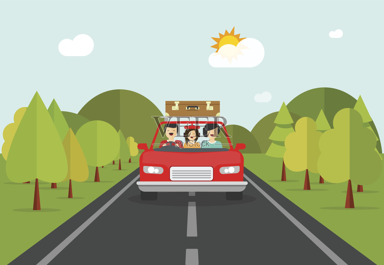 幸福家庭乘汽车旅行，人们在自驾游插画图片素材
