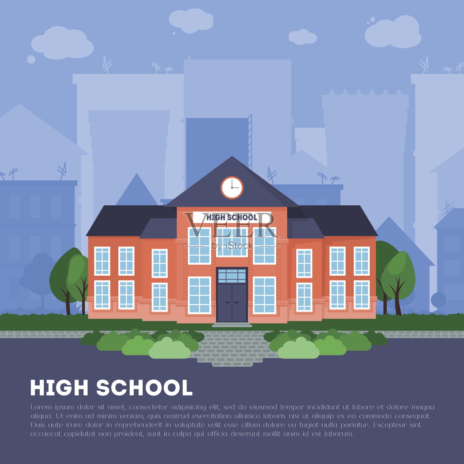 在大城市平坦的学校建筑插画图片素材